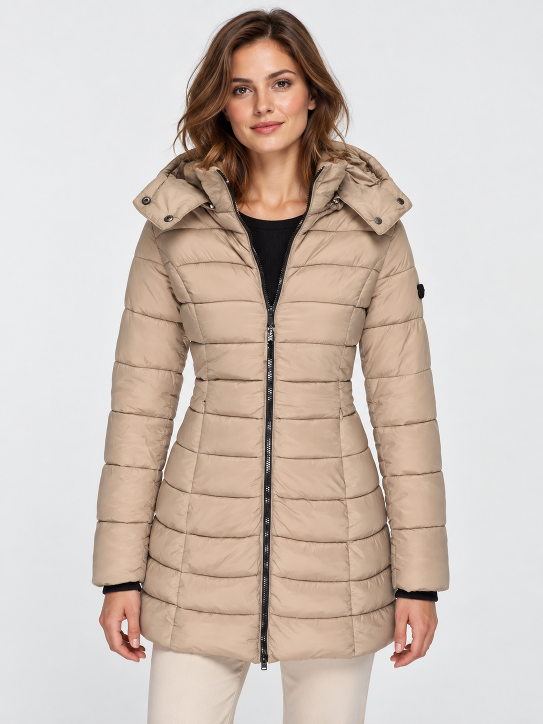 Women's Slim-Fit Mid-Length Zip-Up Padded Parka with Hood
