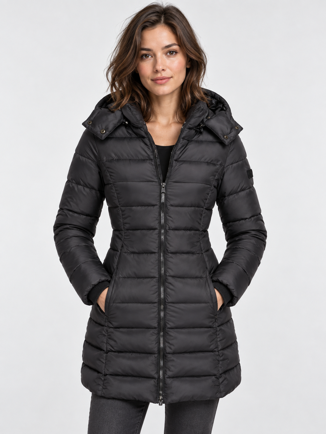 Women's Slim-Fit Mid-Length Zip-Up Padded Parka with Hood