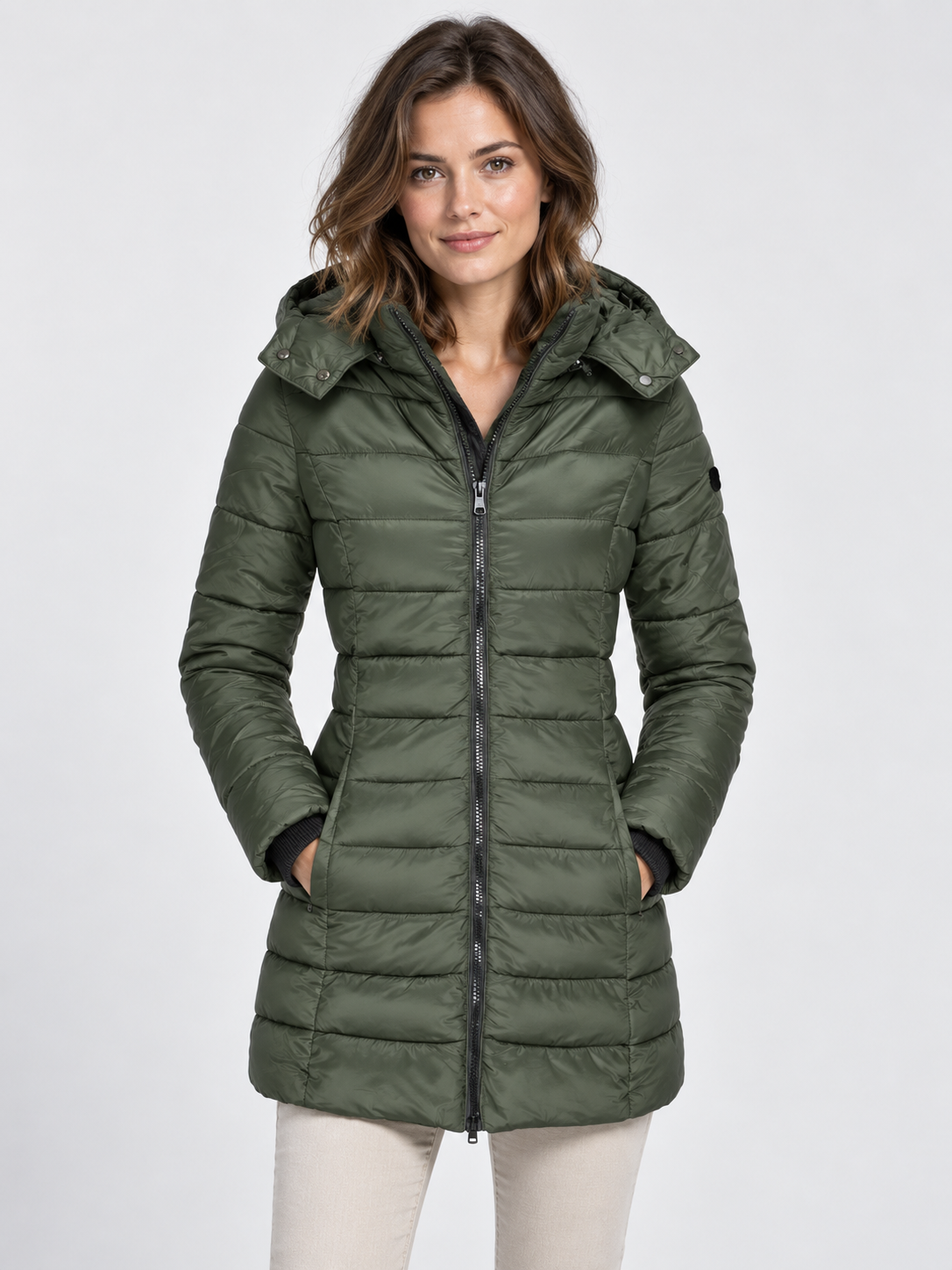 Women's Slim-Fit Mid-Length Zip-Up Padded Parka with Hood