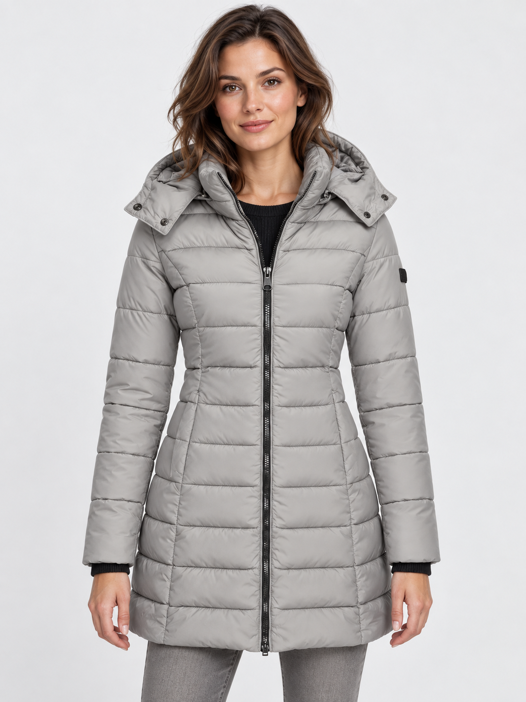 Women's Slim-Fit Mid-Length Zip-Up Padded Parka with Hood