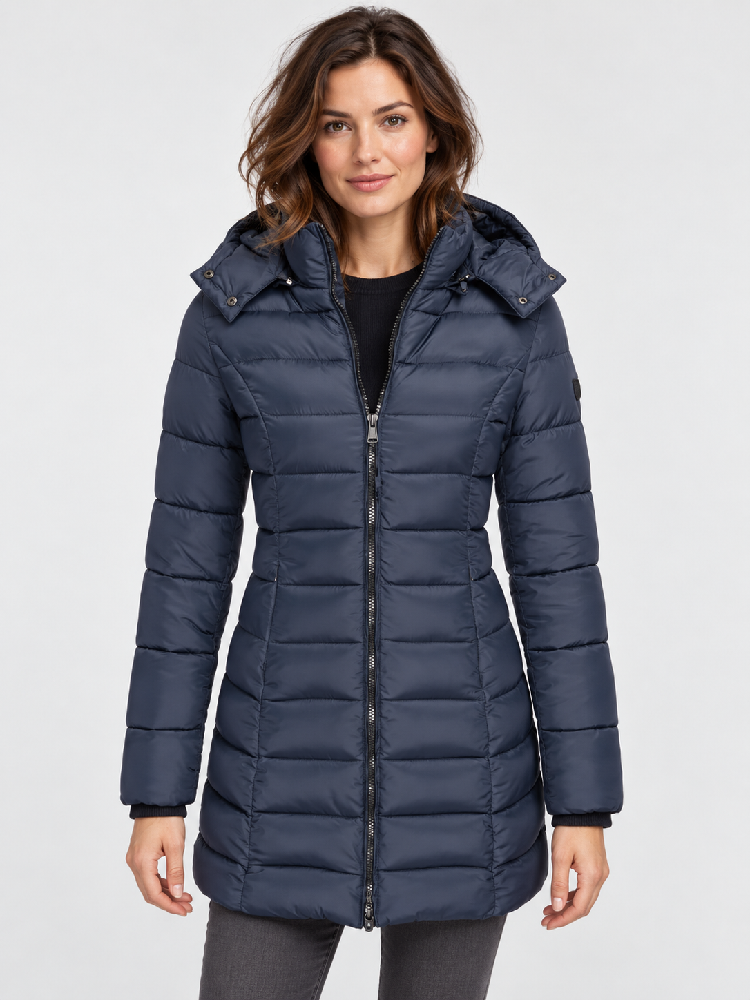 Women's Slim-Fit Mid-Length Zip-Up Padded Parka with Hood
