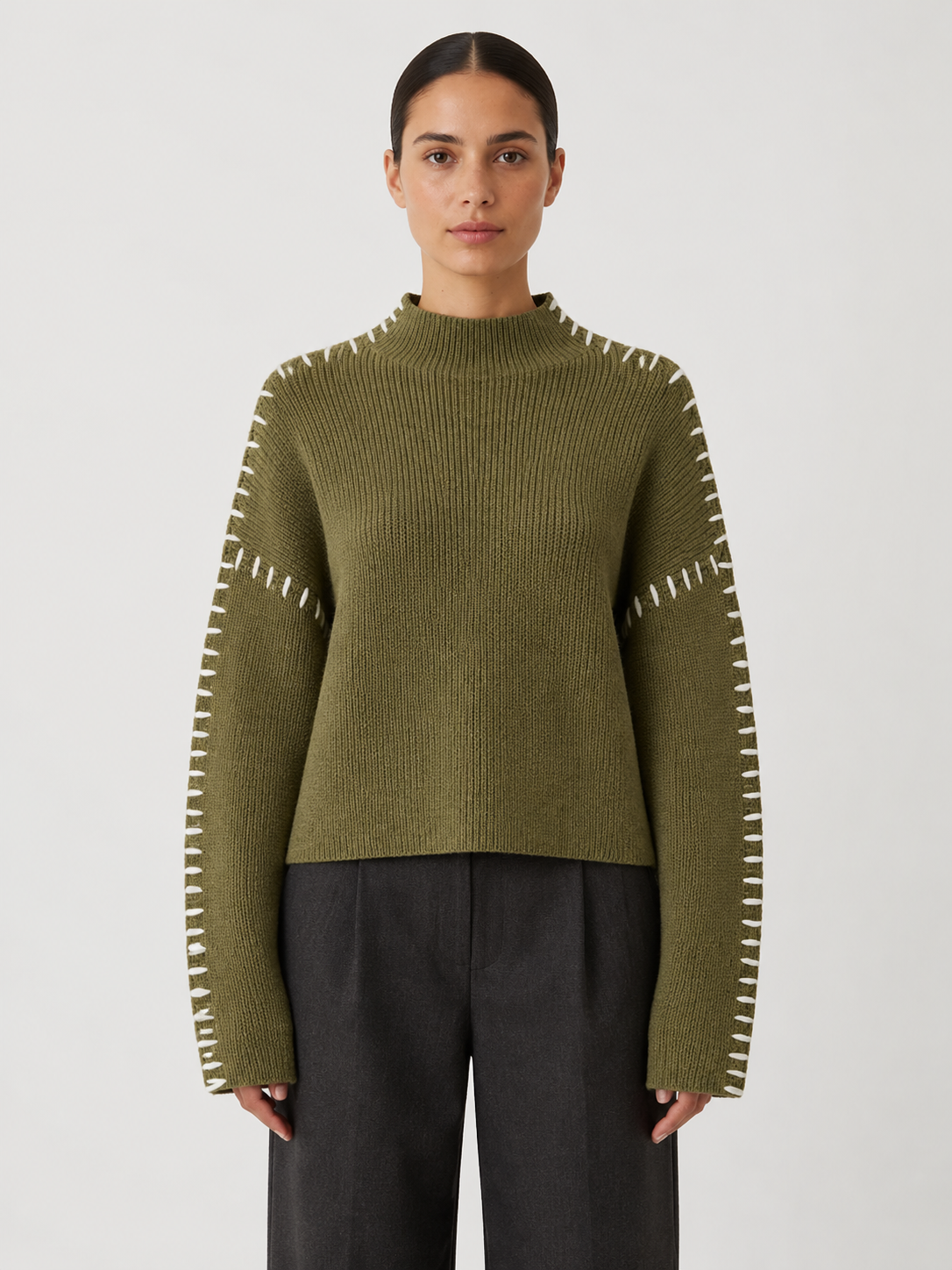 Women’s Oversized High-Neck Jumper with Contrast Stitching