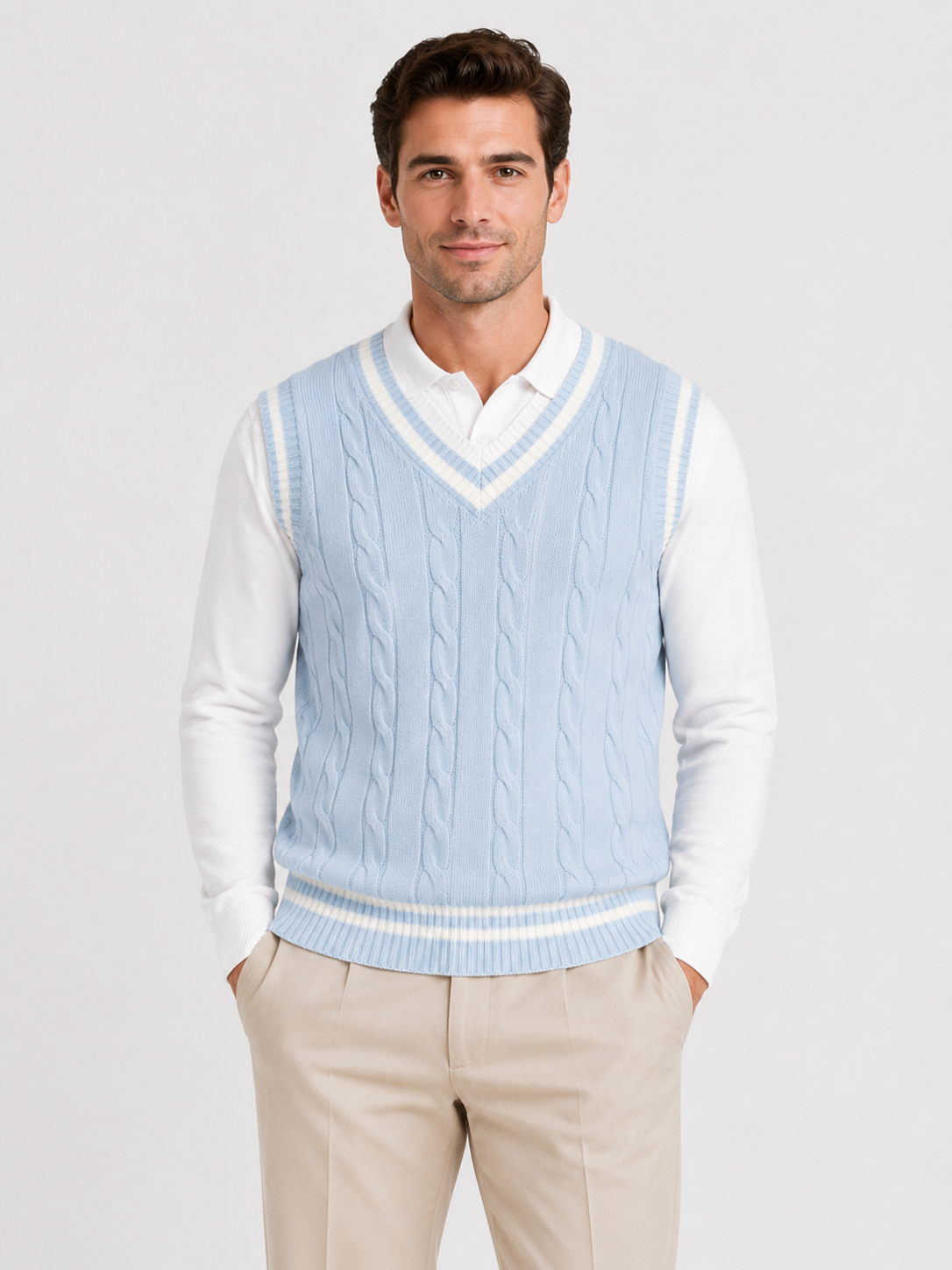 Men’s Cable-Knit V-Neck Jumper Vest with Striped Trim