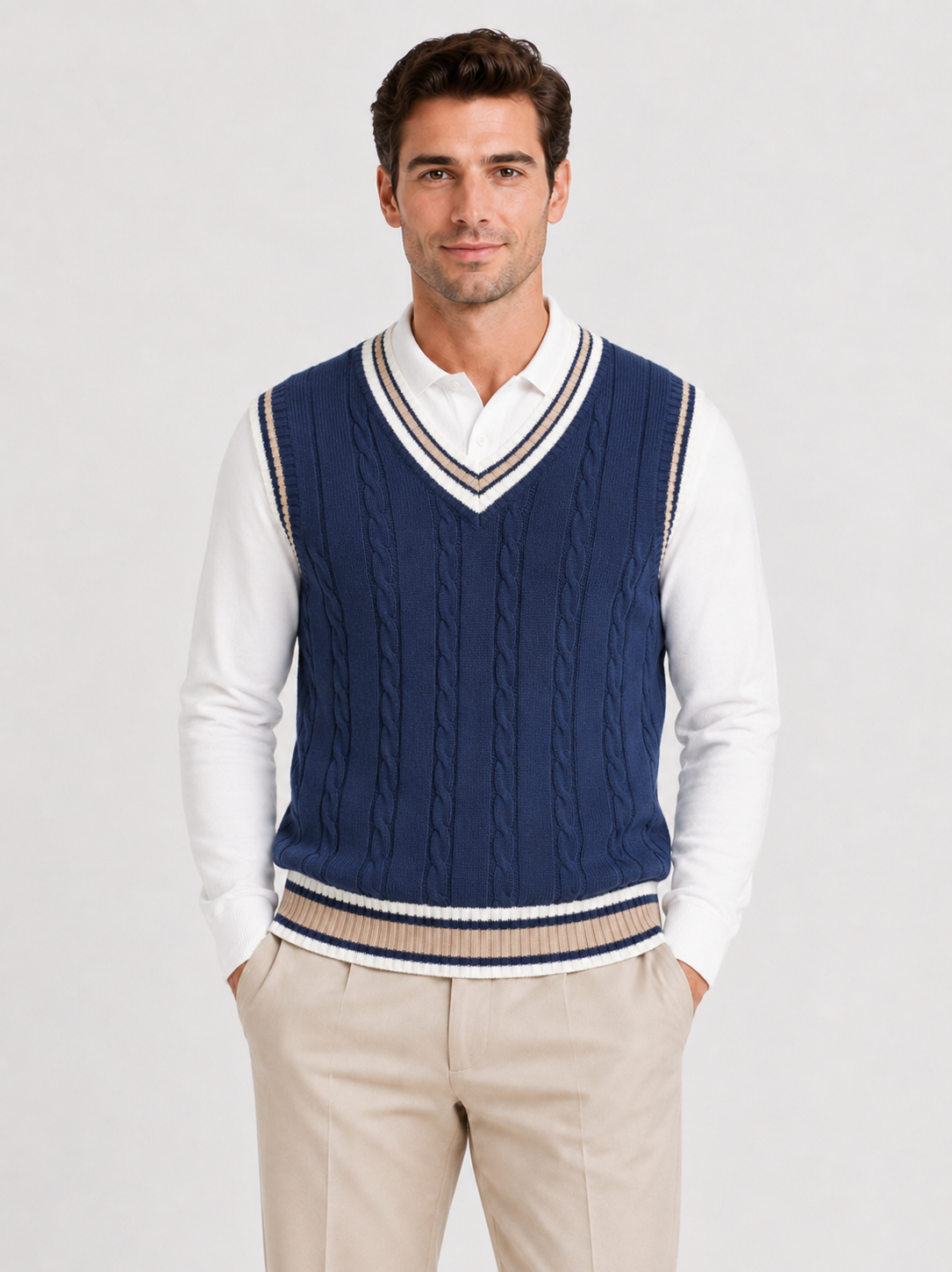 Men’s Cable-Knit V-Neck Jumper Vest with Striped Trim