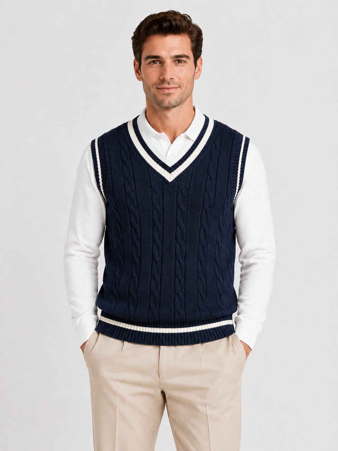 Men’s Cable-Knit V-Neck Jumper Vest with Striped Trim