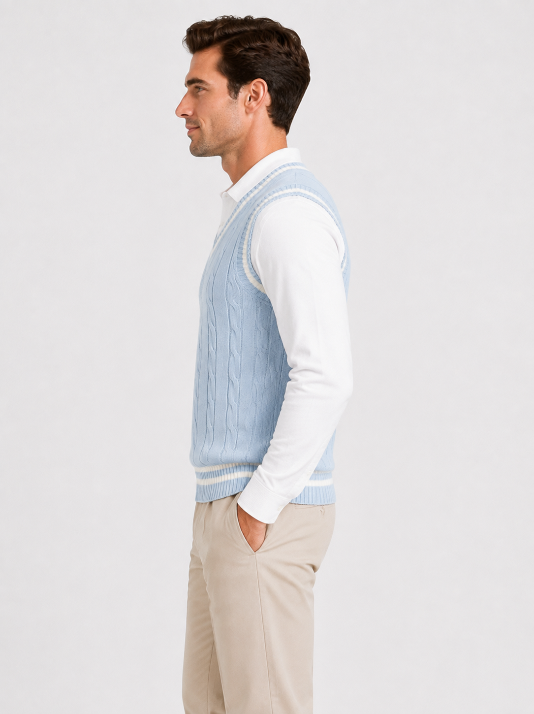 Men’s Cable-Knit V-Neck Jumper Vest with Striped Trim