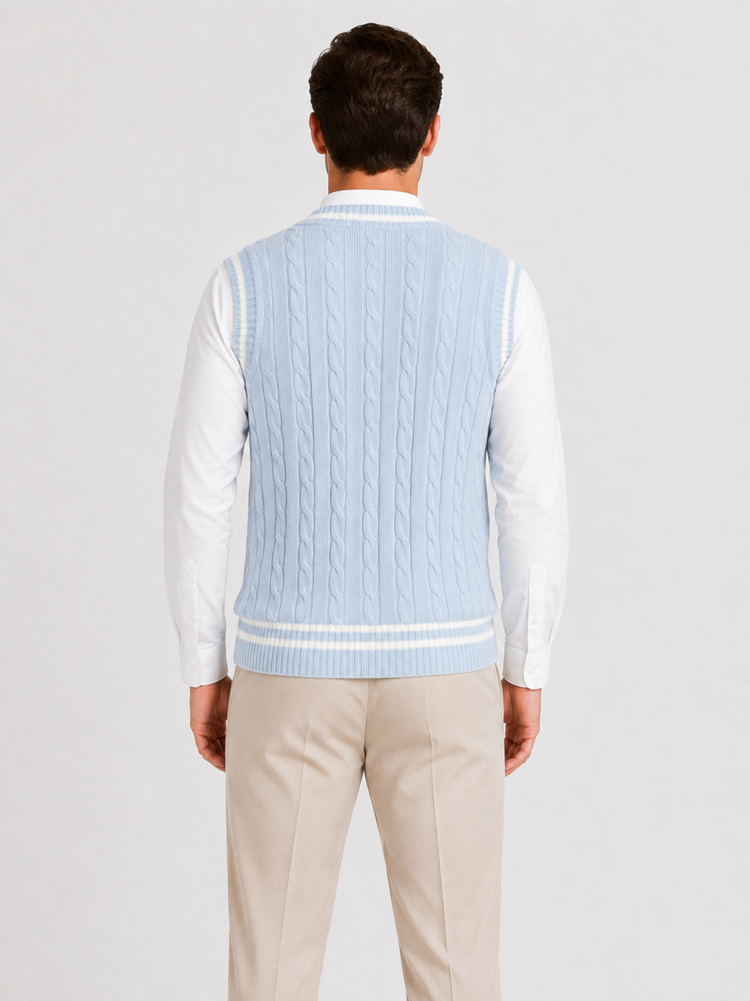 Men’s Cable-Knit V-Neck Jumper Vest with Striped Trim