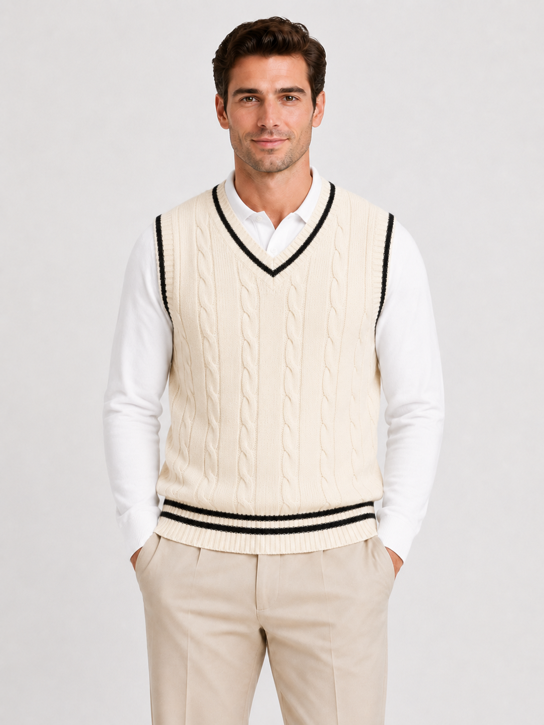 Men’s Cable-Knit V-Neck Jumper Vest with Striped Trim