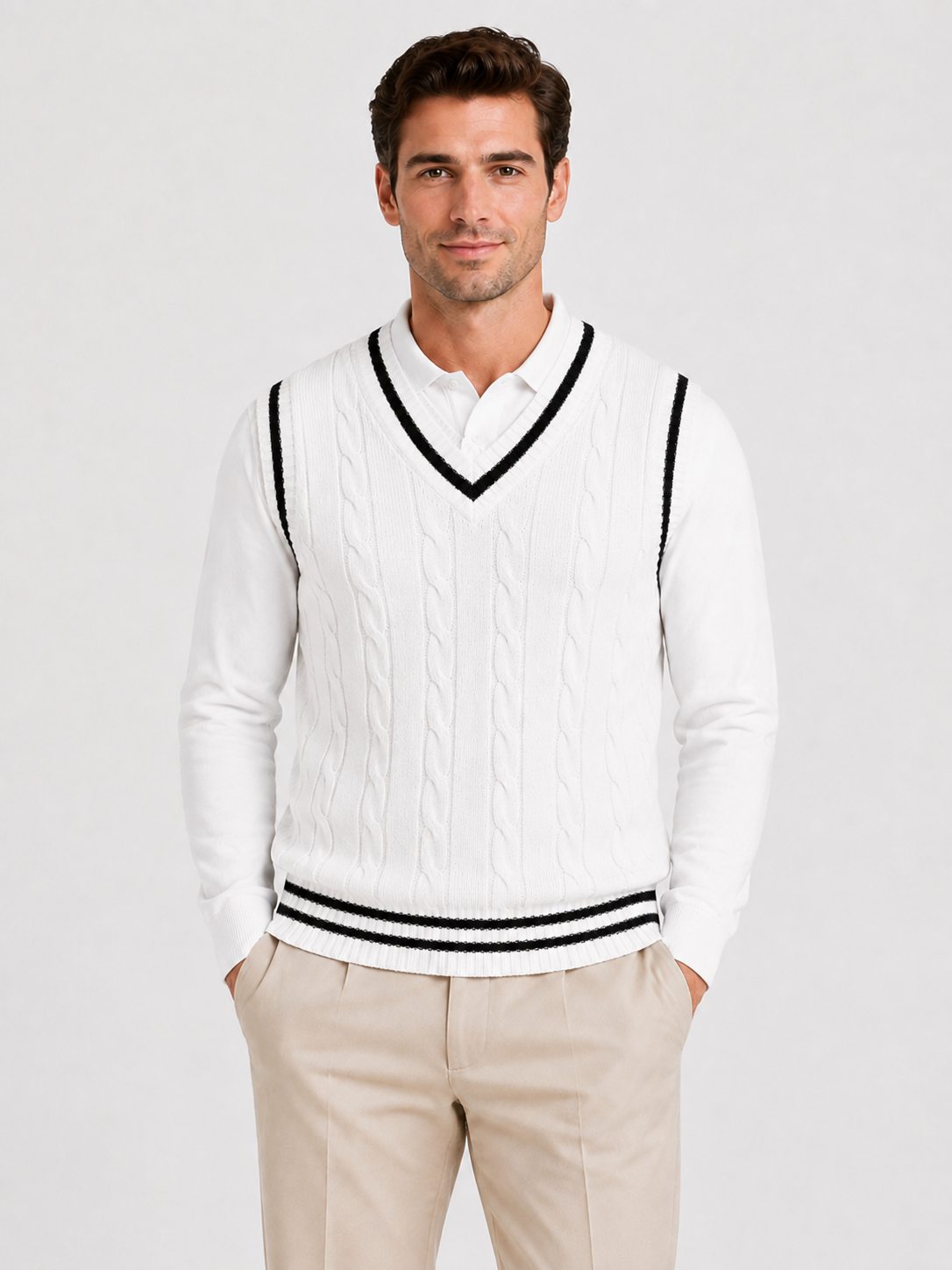 Men’s Cable-Knit V-Neck Jumper Vest with Striped Trim