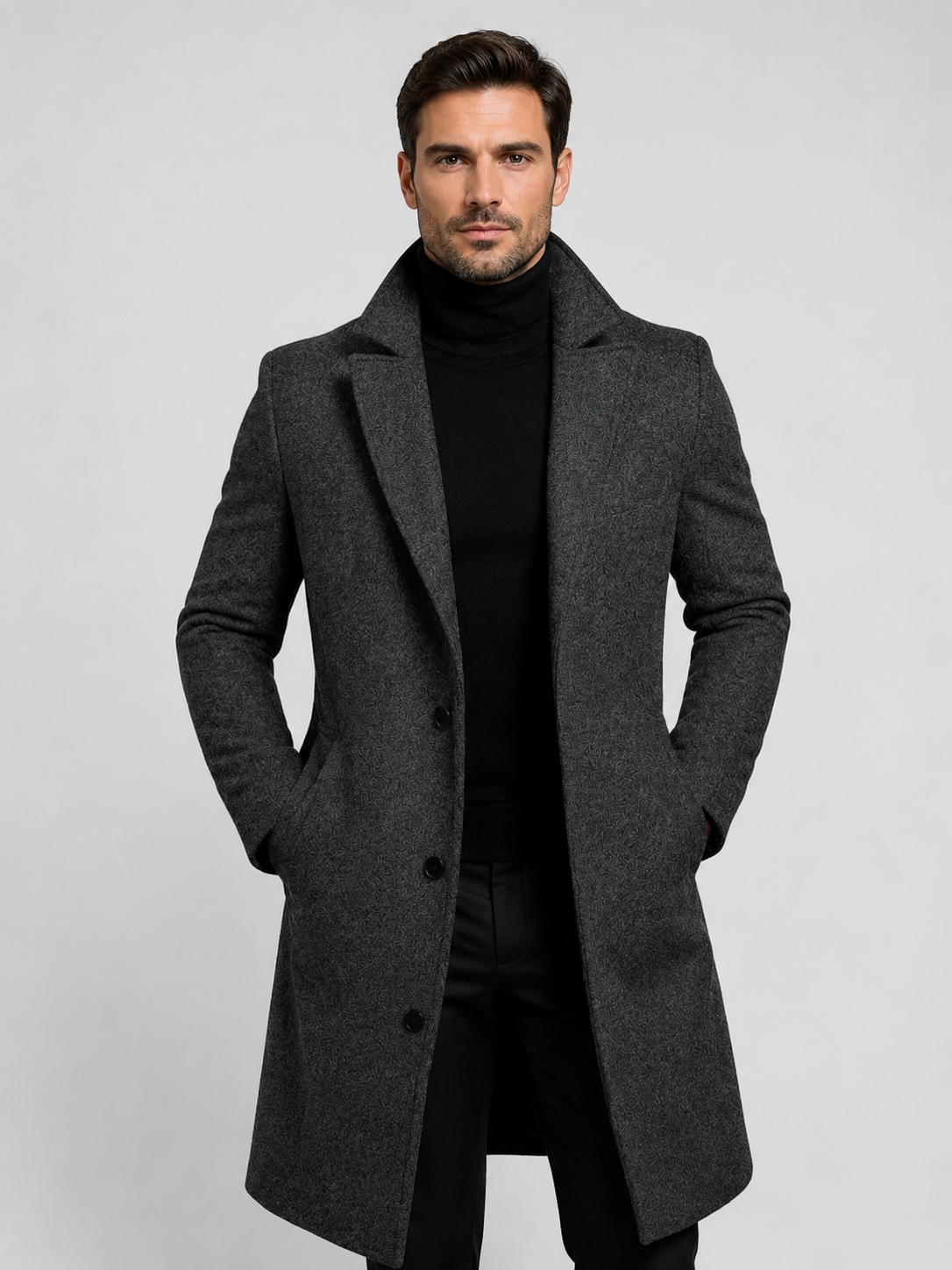 Men’s Single-Breasted Overcoat with Notched Lapels