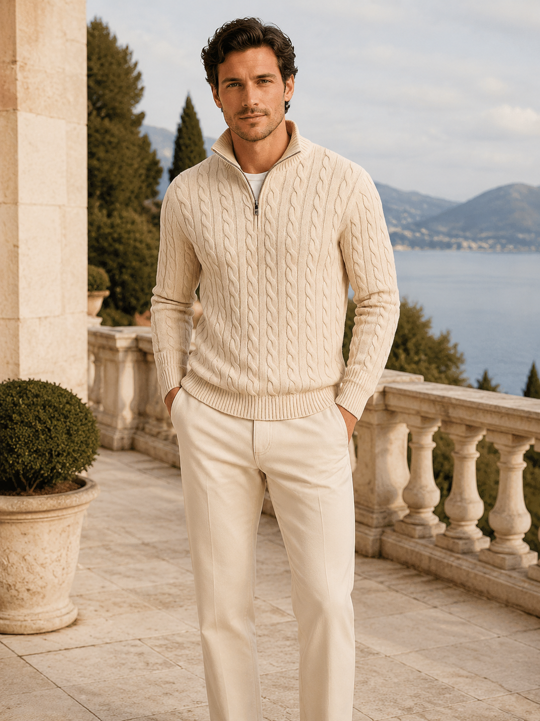 Men's Cable Knit Zip-Neck Jumper