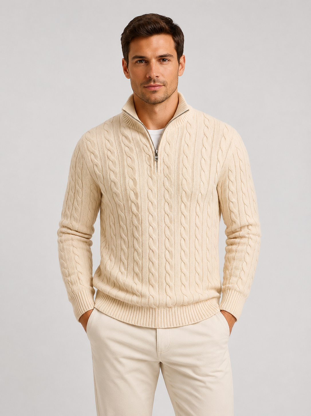 Men's Cable Knit Zip-Neck Jumper