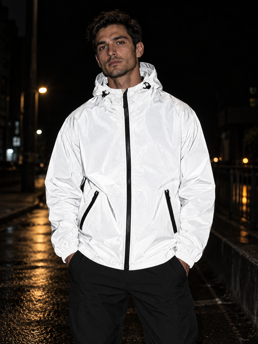 Men's Hooded Reflective Windbreaker with Double-Fabric Construction