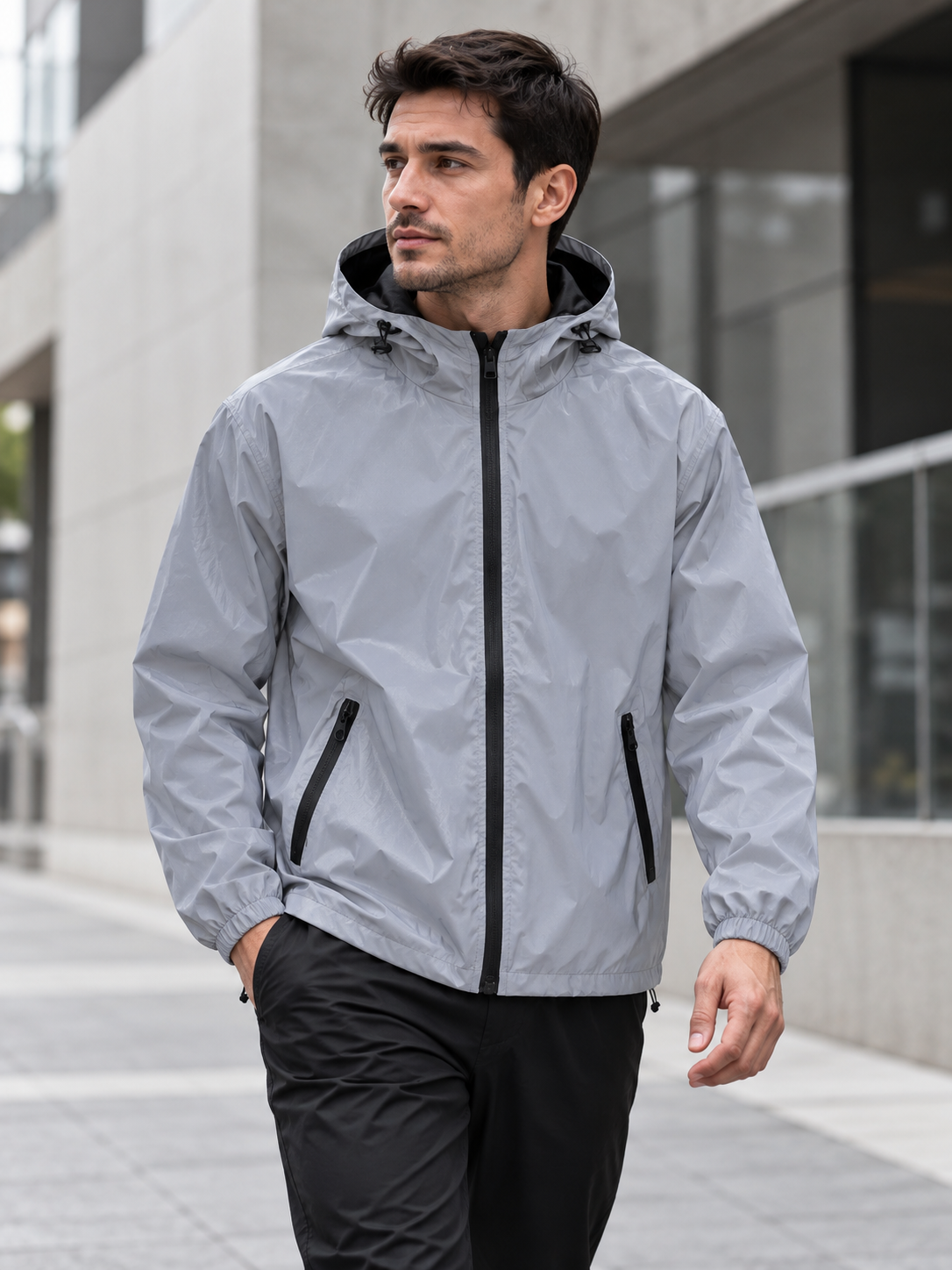 Men's Hooded Reflective Windbreaker with Double-Fabric Construction