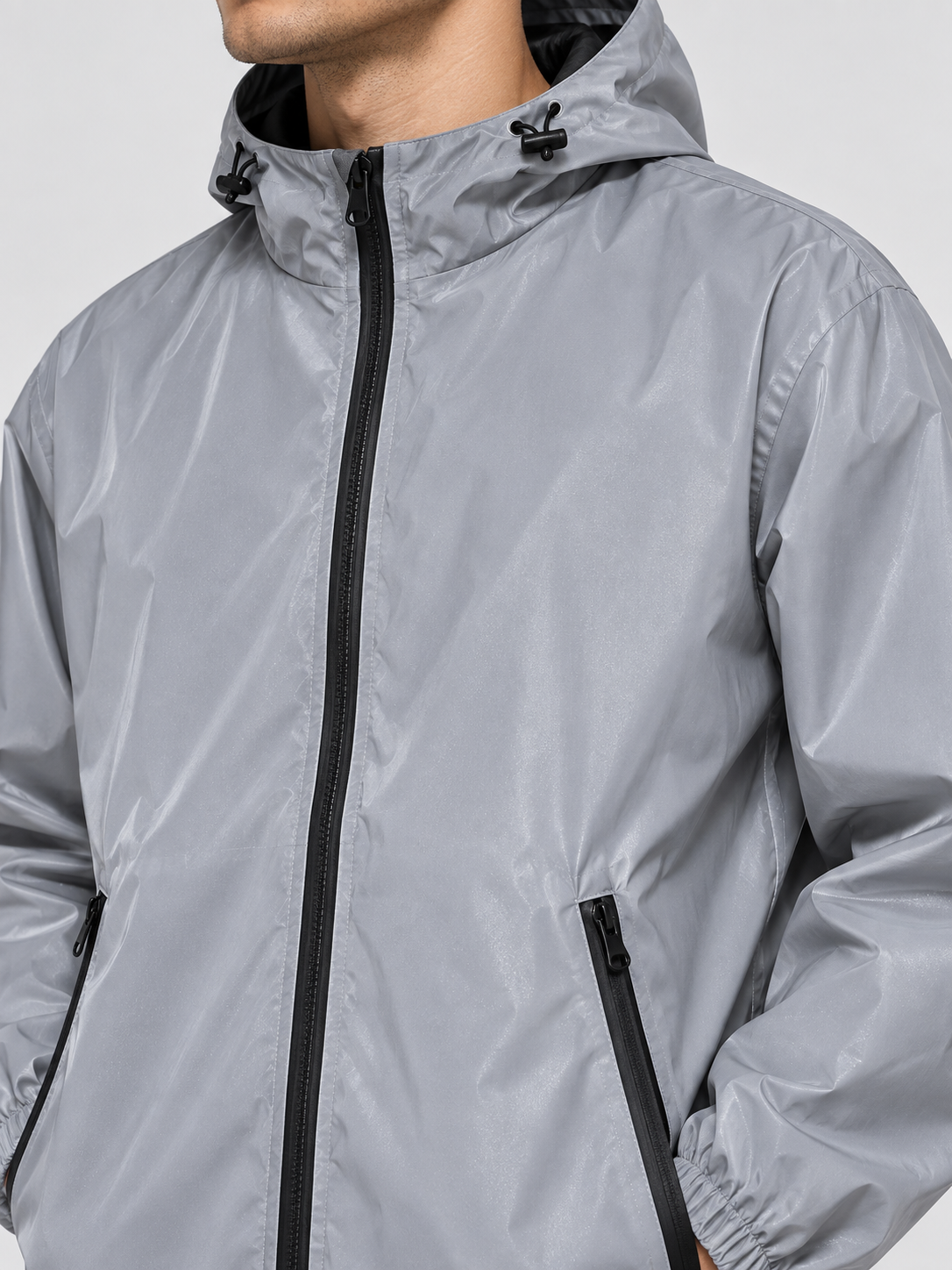Men's Hooded Reflective Windbreaker with Double-Fabric Construction