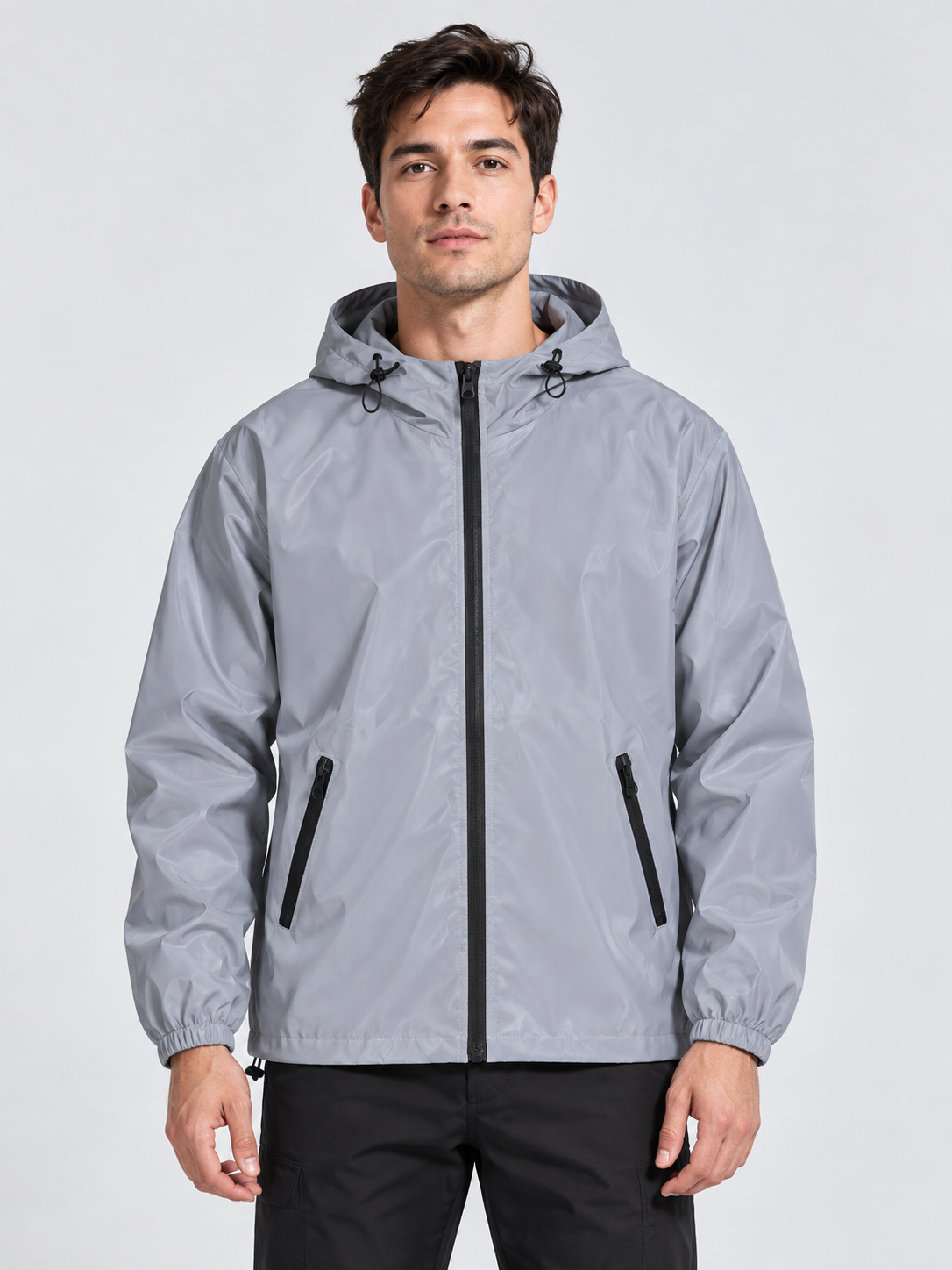 Men's Hooded Reflective Windbreaker with Double-Fabric Construction