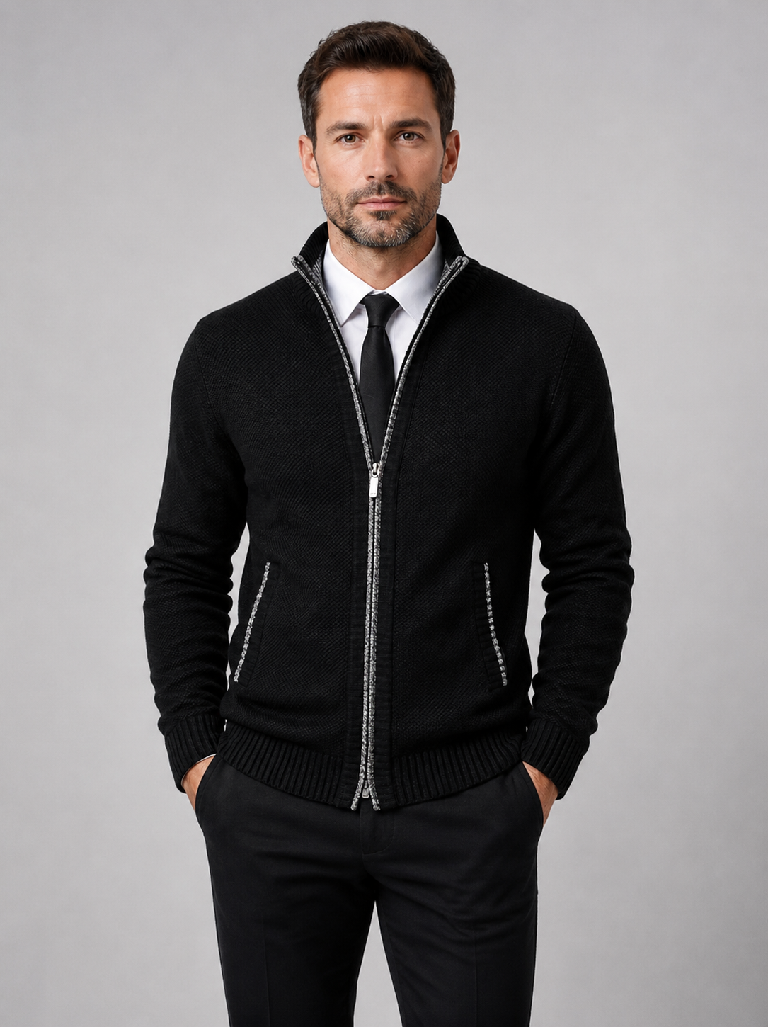 Men’s Knitted Cardigan with Stand Collar and Full Zip