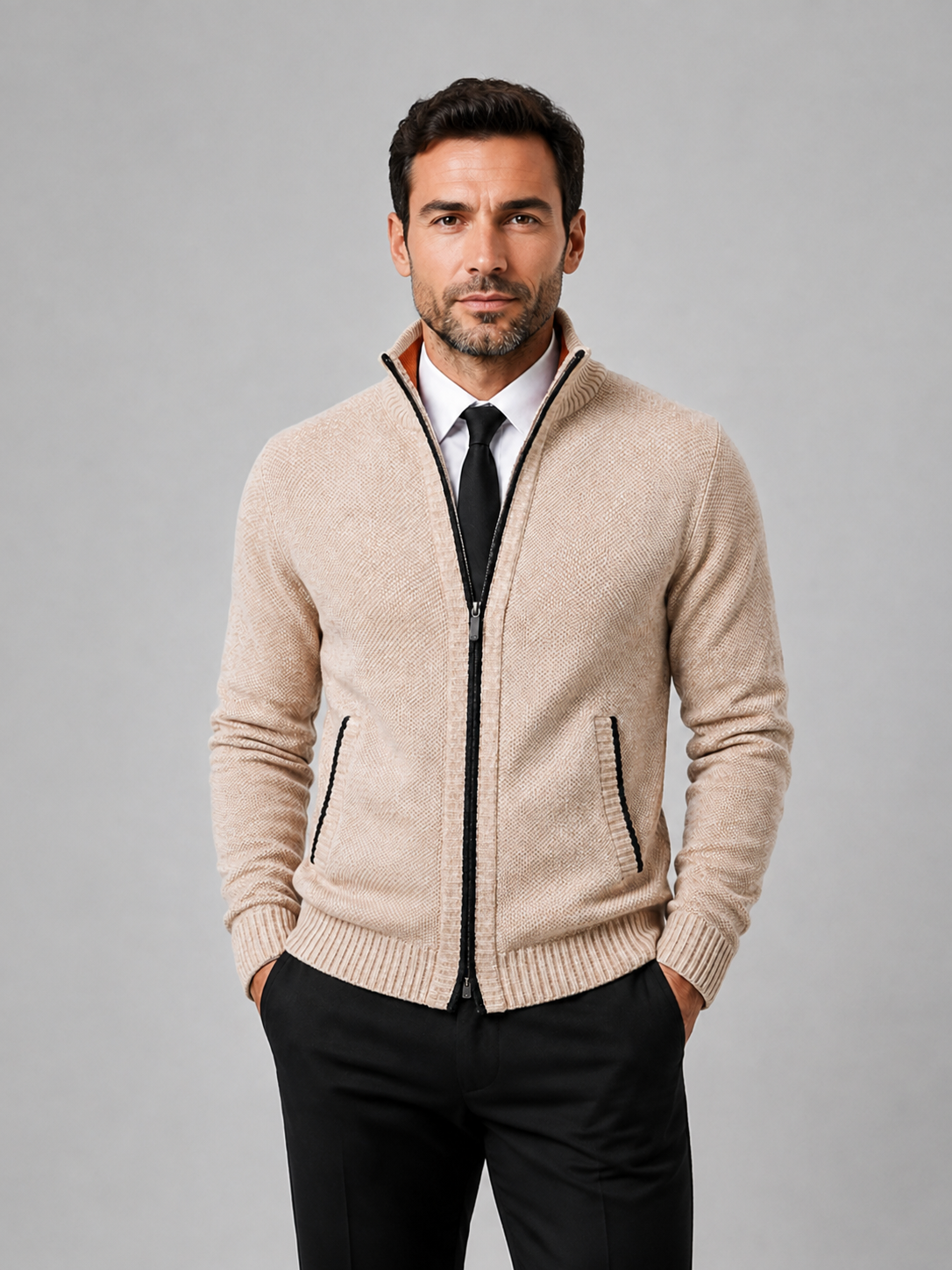 Men’s Knitted Cardigan with Stand Collar and Full Zip