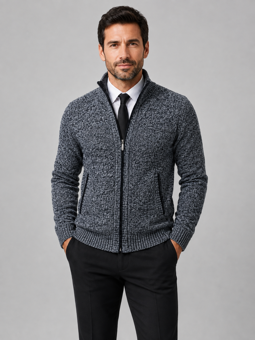 Men’s Knitted Cardigan with Stand Collar and Full Zip
