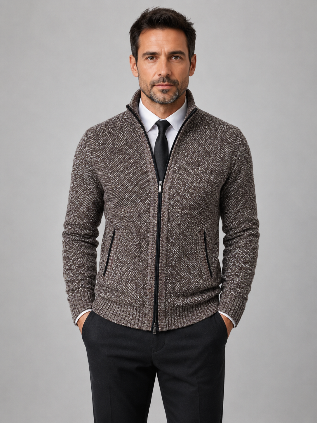 Men’s Knitted Cardigan with Stand Collar and Full Zip