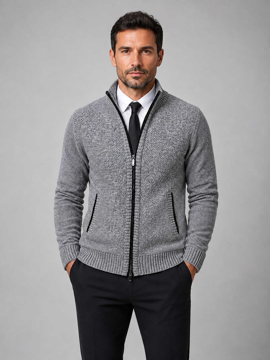 Men’s Knitted Cardigan with Stand Collar and Full Zip