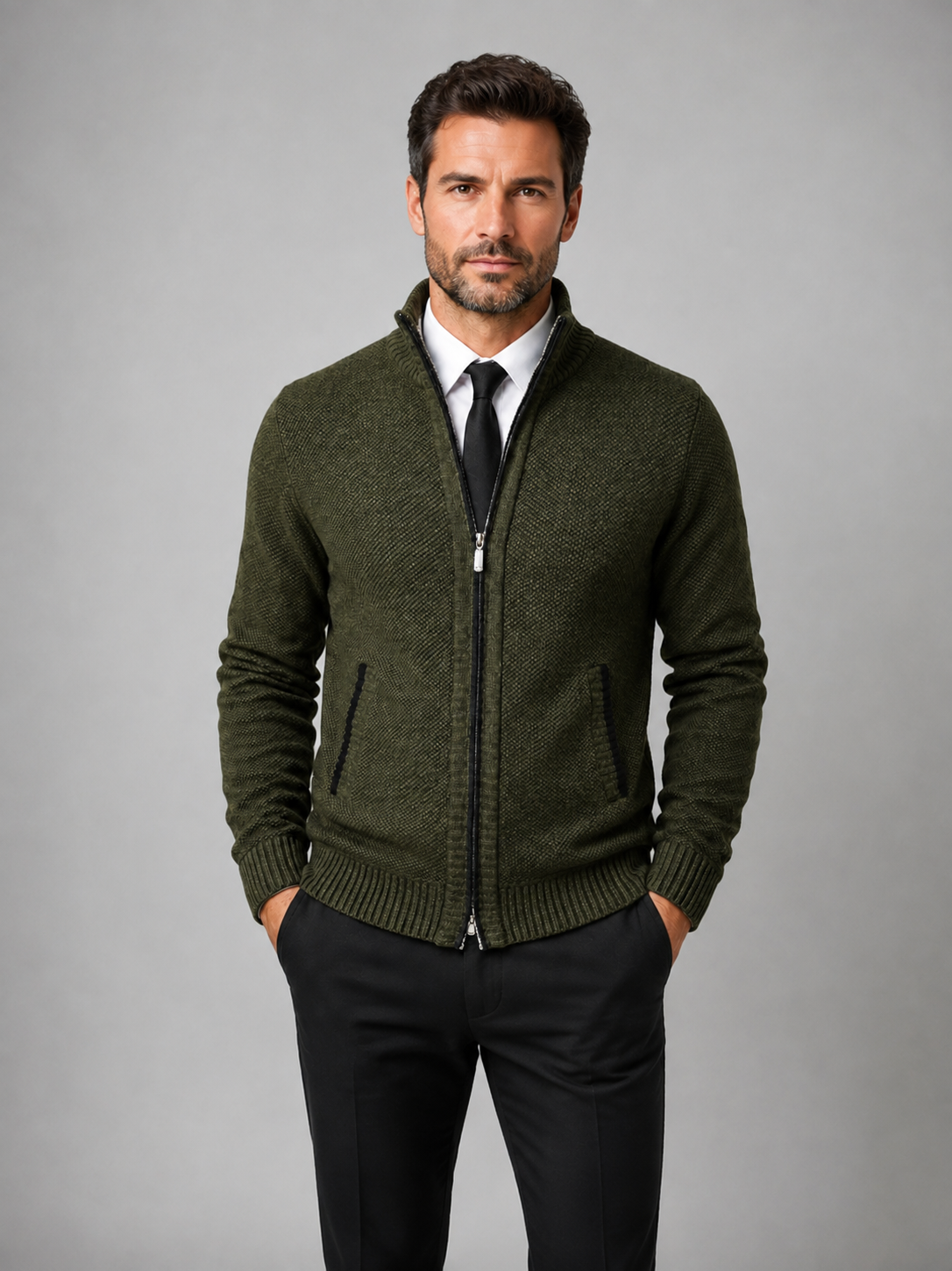 Men’s Knitted Cardigan with Stand Collar and Full Zip