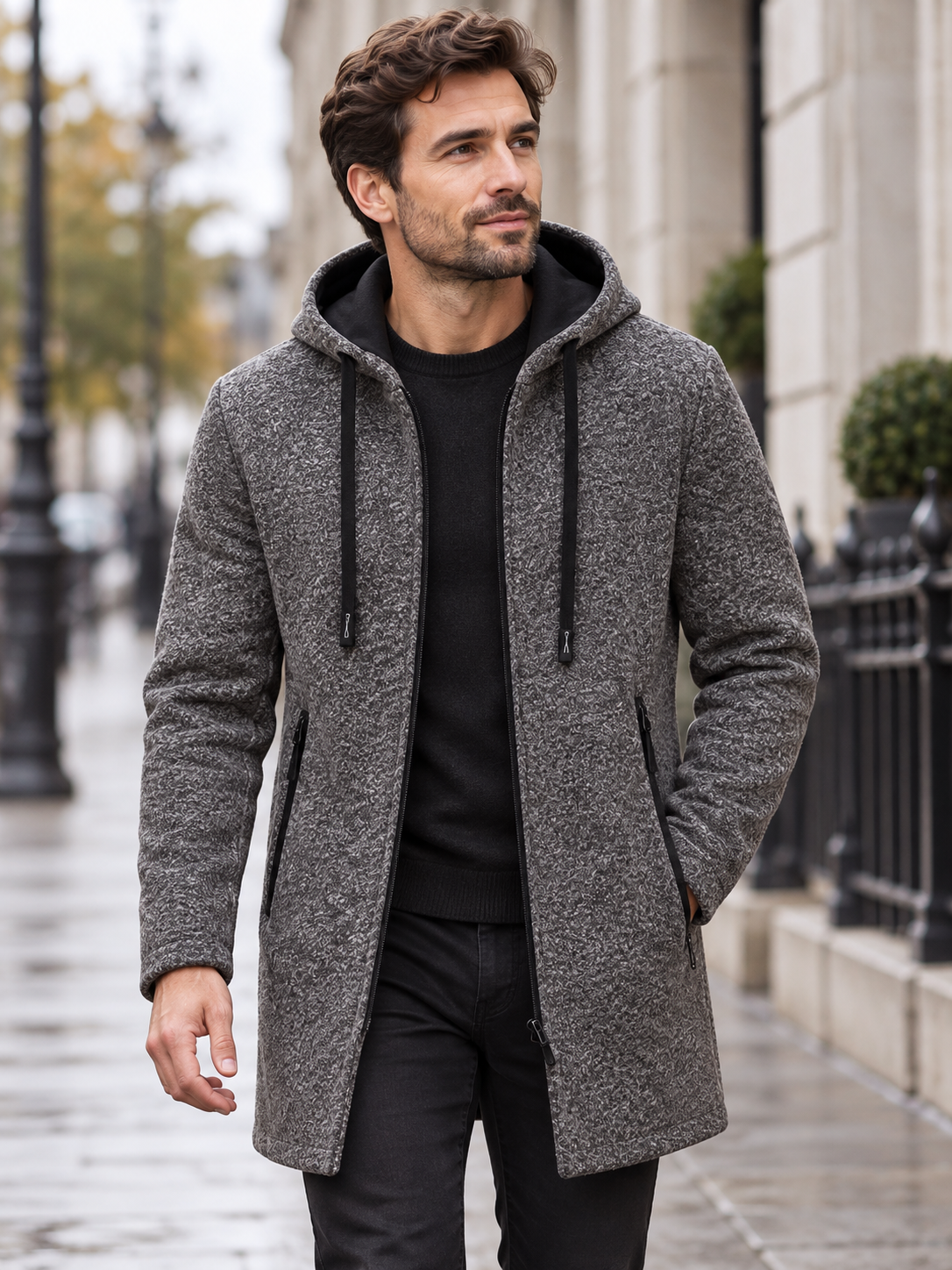Men's Oversized Hooded Zip-Up Sweatshirt with Long Sleeves