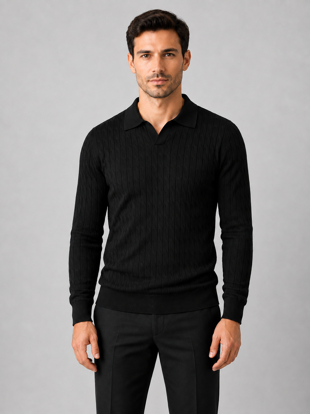 Men’s Ribbed Polo Jumper with Open Collar