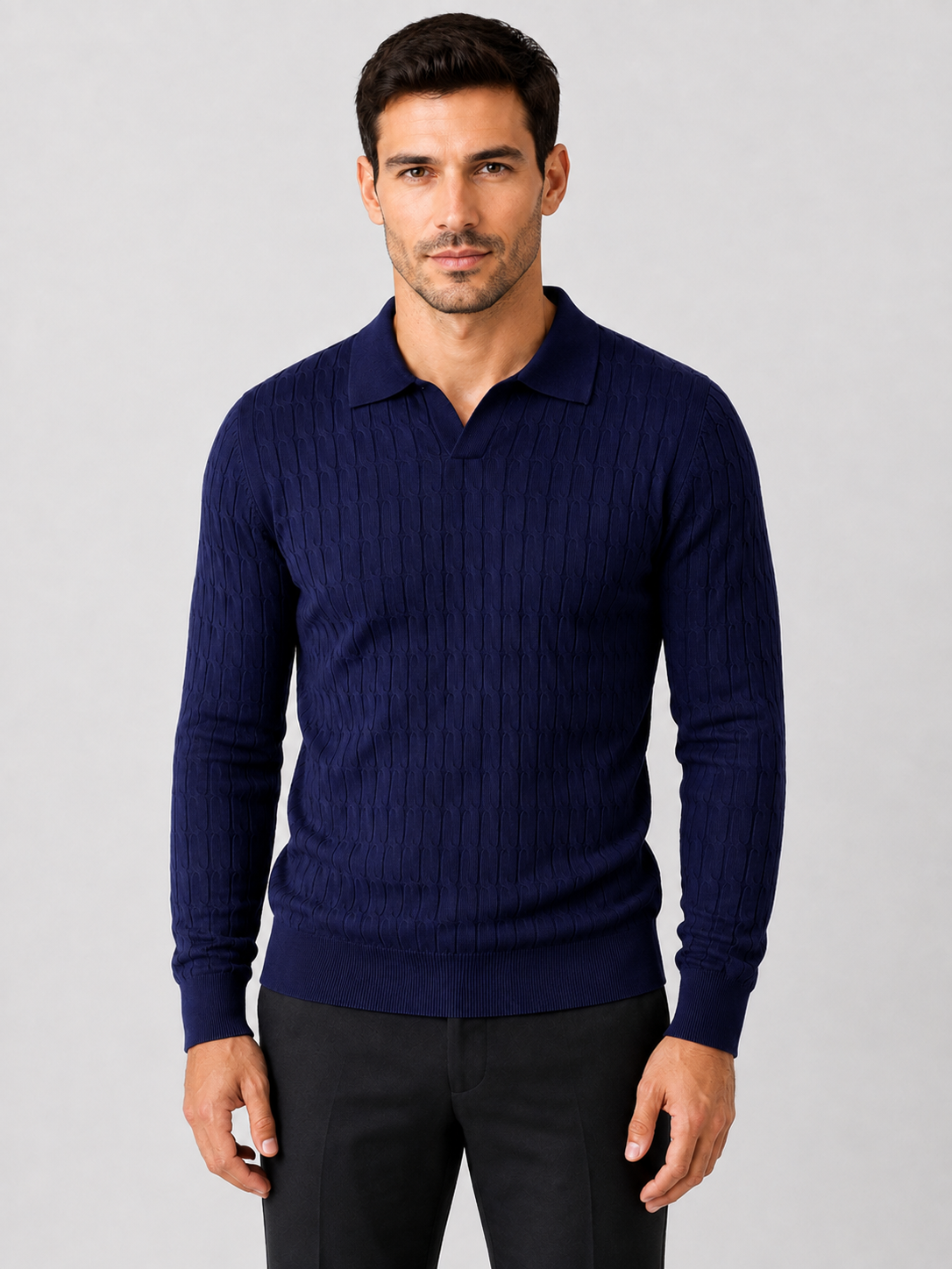 Men’s Ribbed Polo Jumper with Open Collar