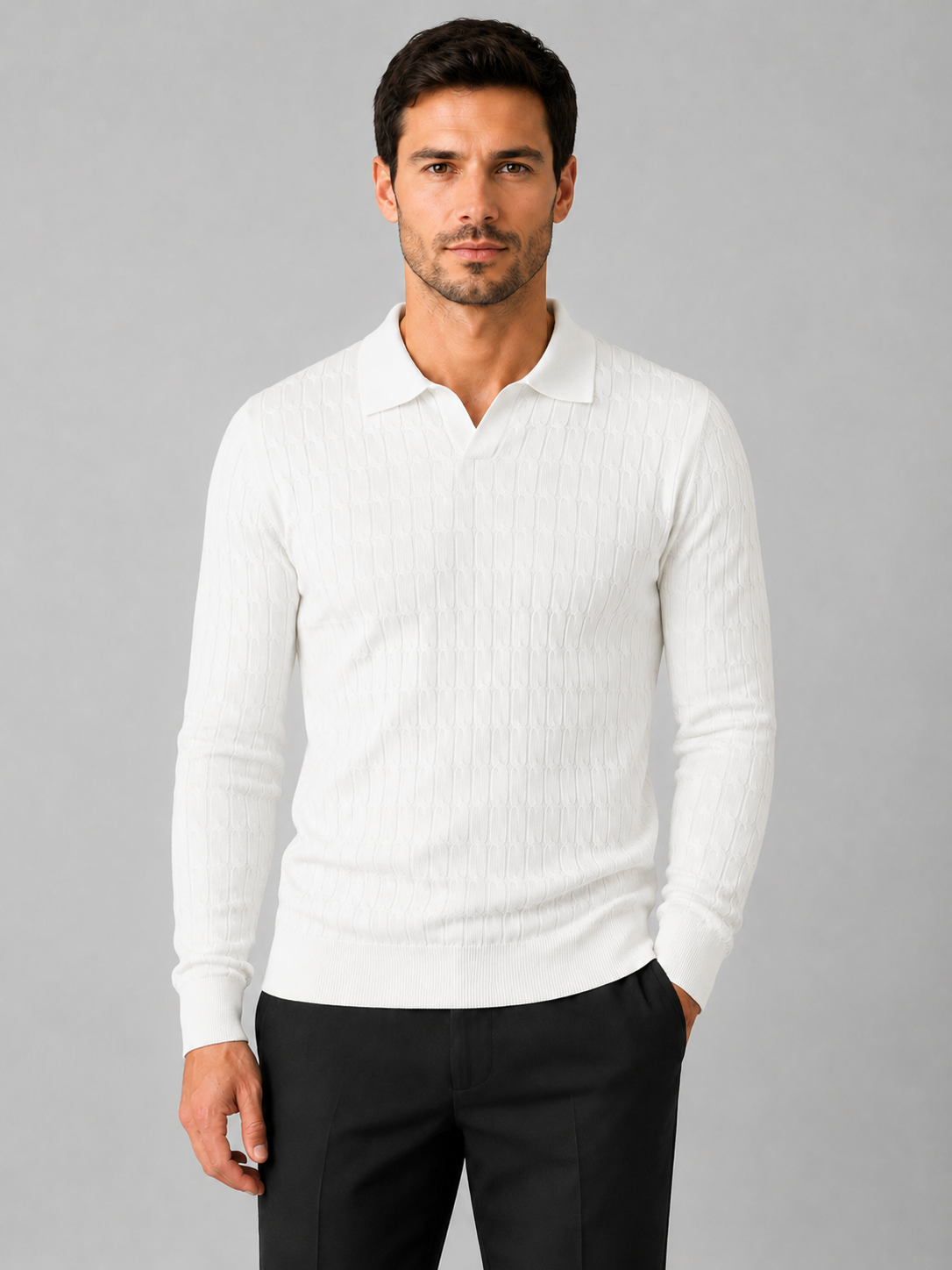Men’s Ribbed Polo Jumper with Open Collar