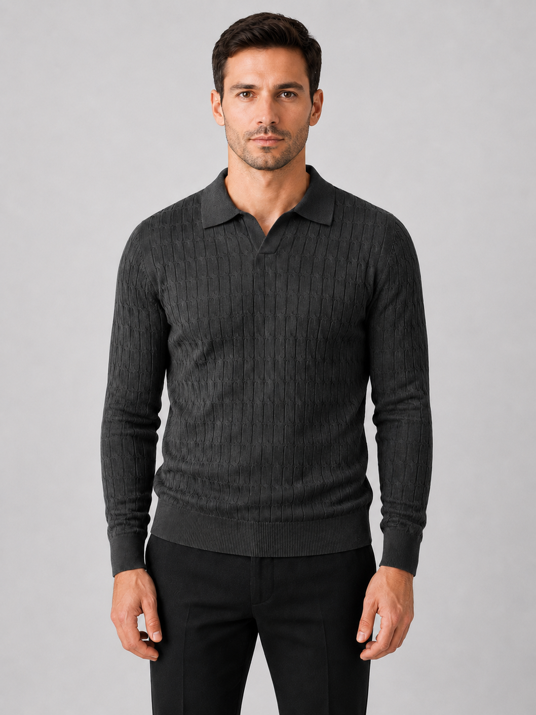 Men’s Ribbed Polo Jumper with Open Collar