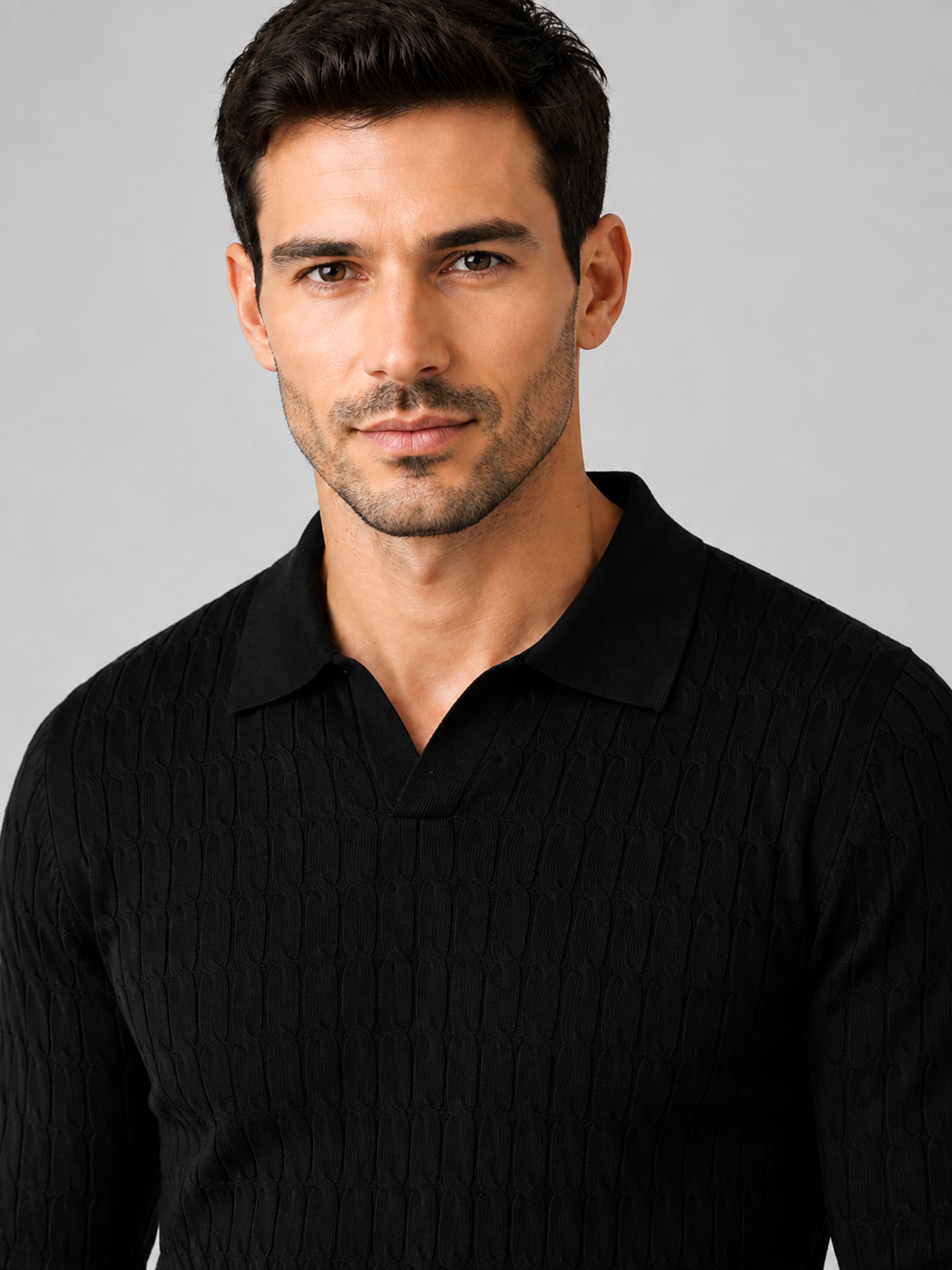 Men’s Ribbed Polo Jumper with Open Collar
