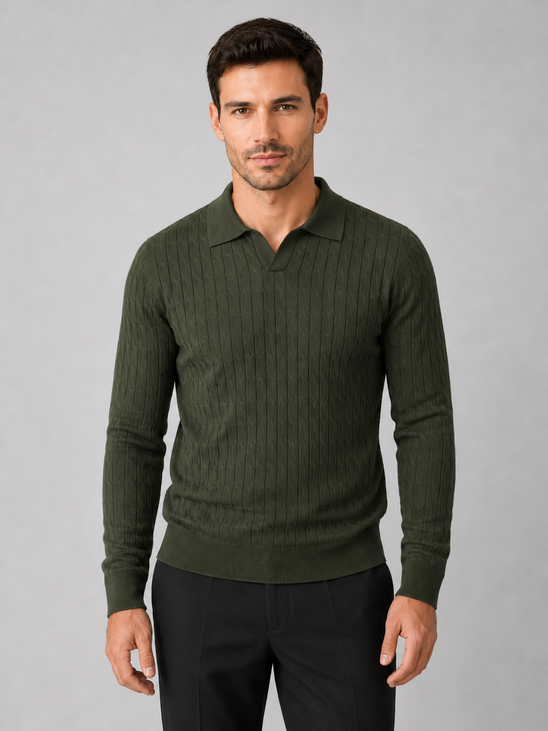Men’s Ribbed Polo Jumper with Open Collar