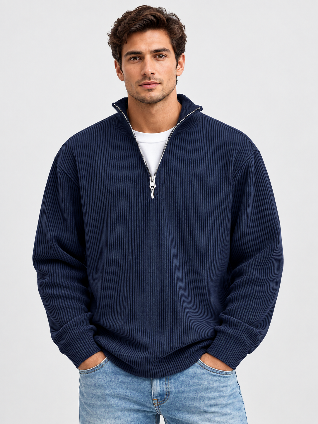 Men’s Ribbed Quarter-Zip Jumper with Stand Collar