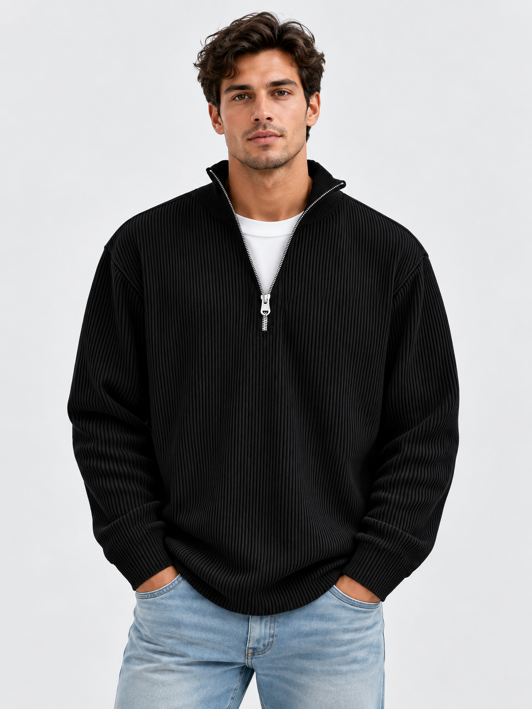 Men’s Ribbed Quarter-Zip Jumper with Stand Collar