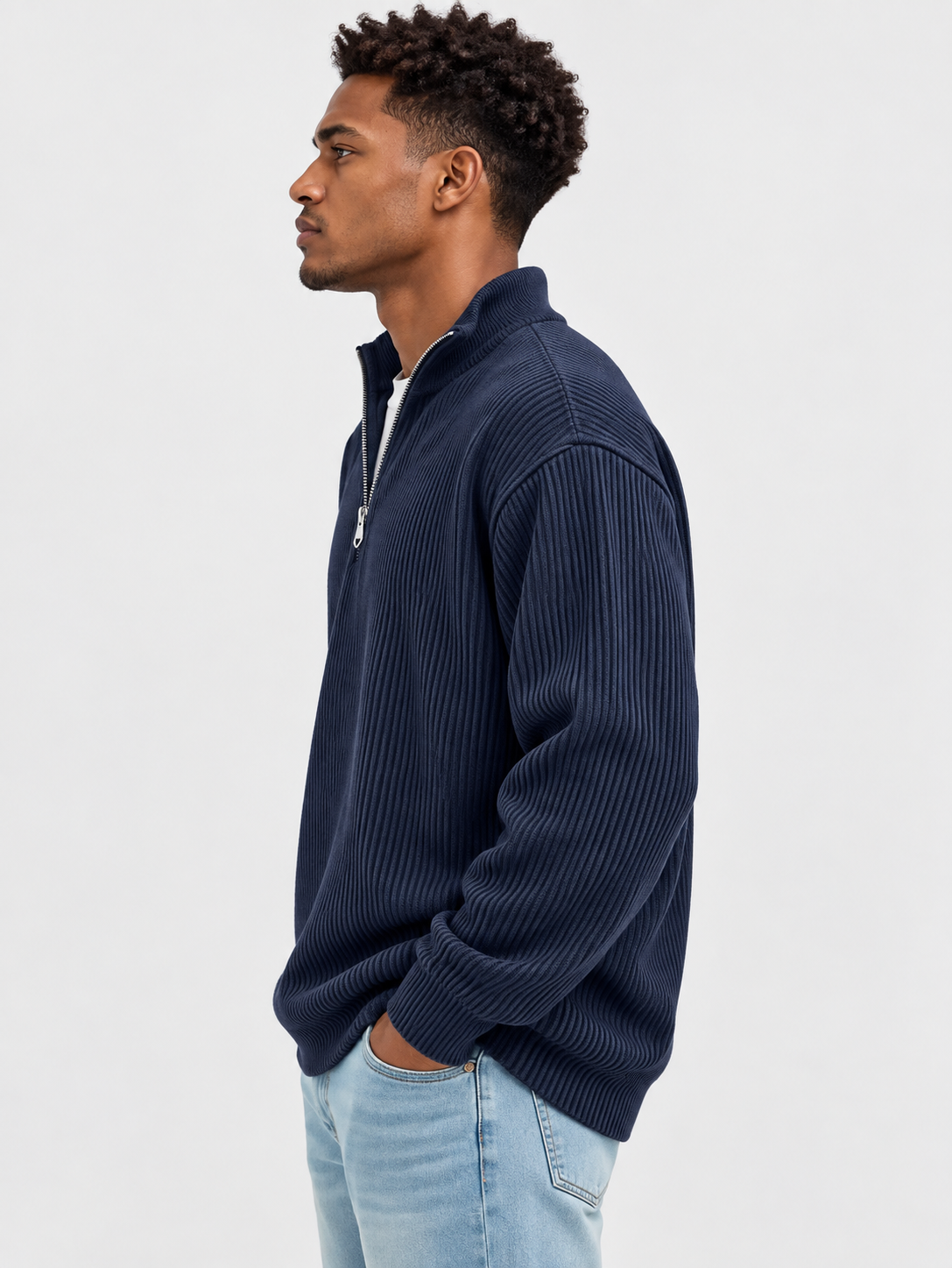 Men’s Ribbed Quarter-Zip Jumper with Stand Collar