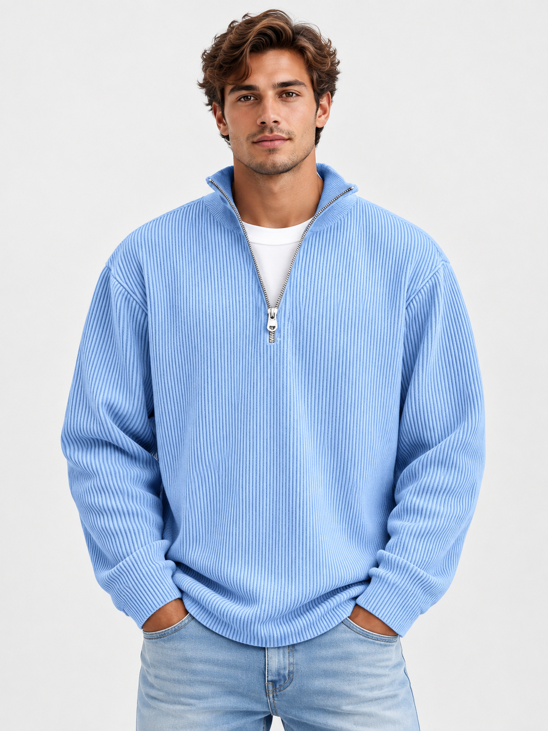 Men’s Ribbed Quarter-Zip Jumper with Stand Collar