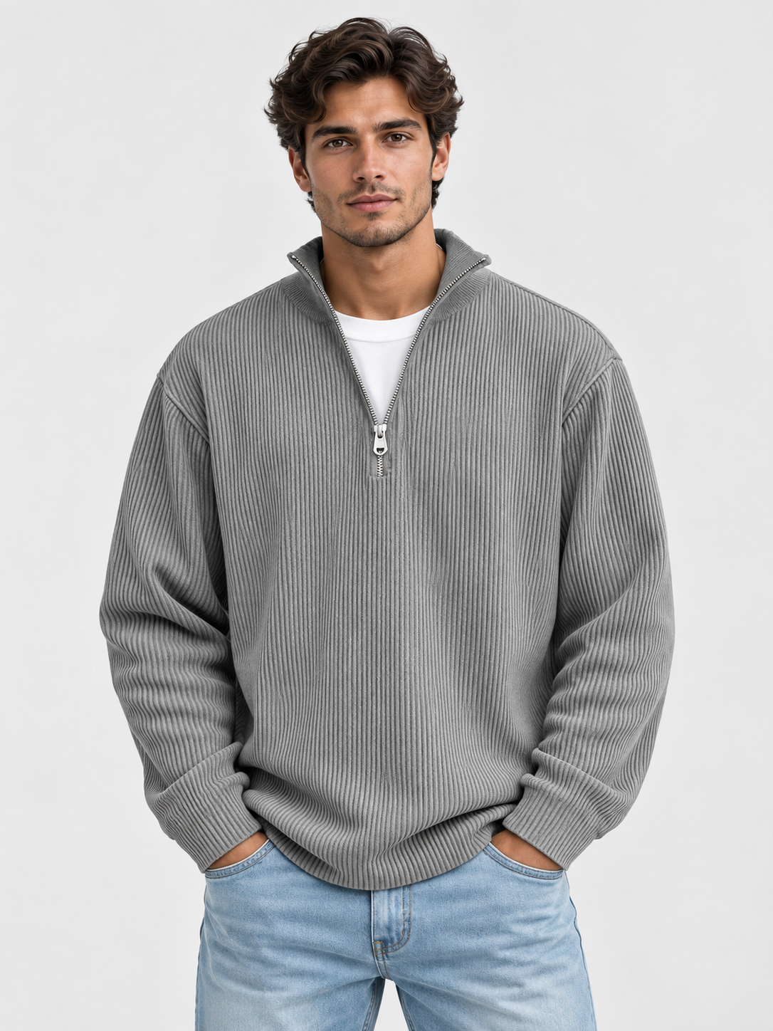 Men’s Ribbed Quarter-Zip Jumper with Stand Collar