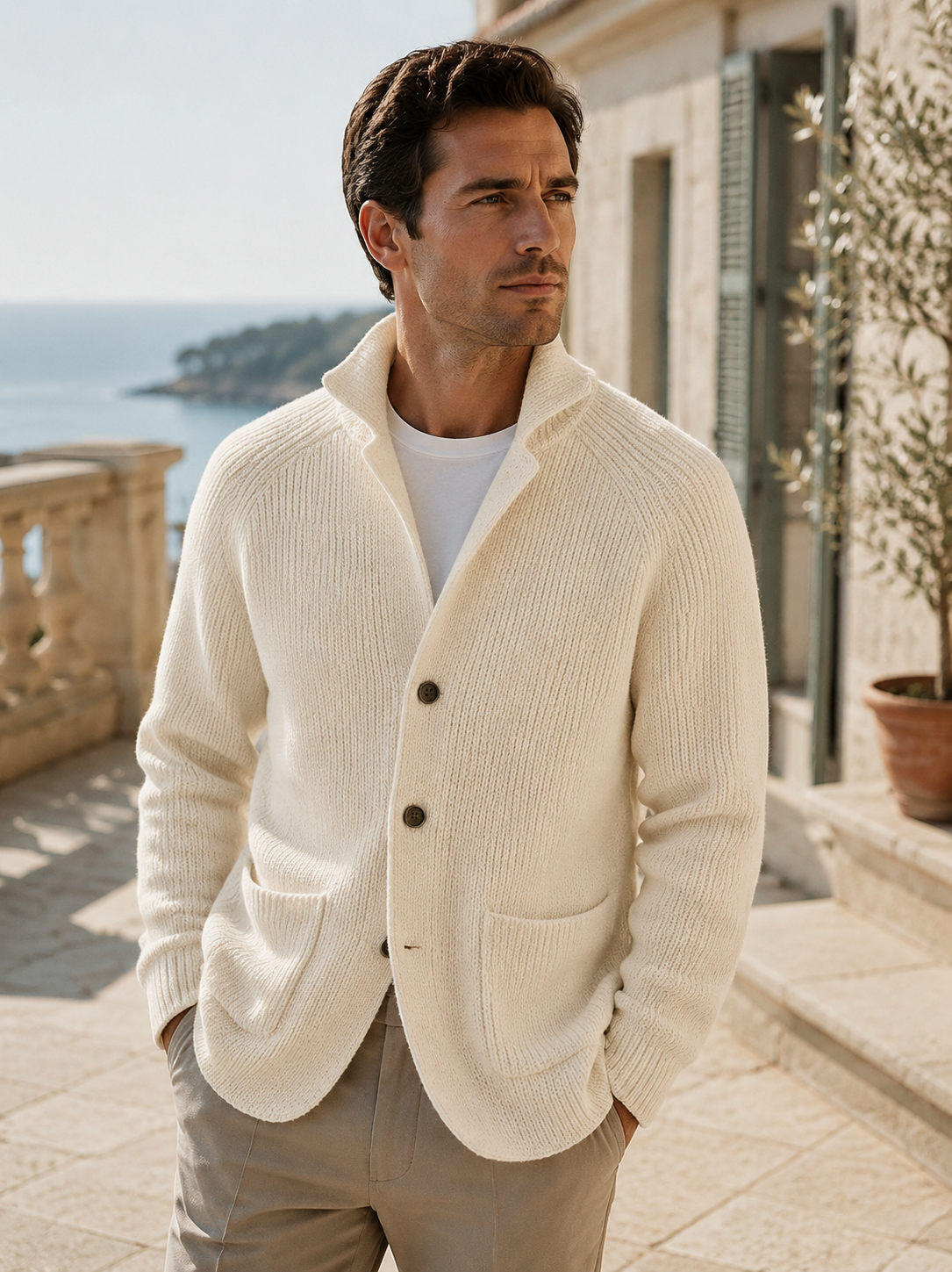 Men's Shawl Collar Ribbed Knit Cardigan