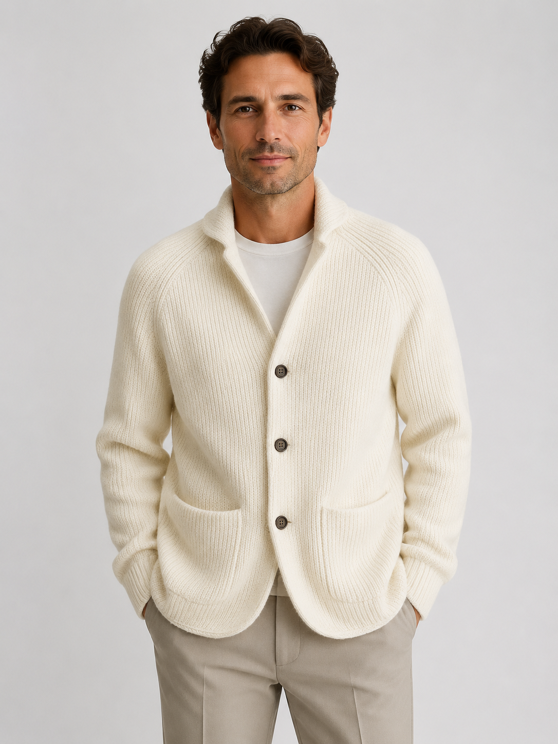 Men's Shawl Collar Ribbed Knit Cardigan