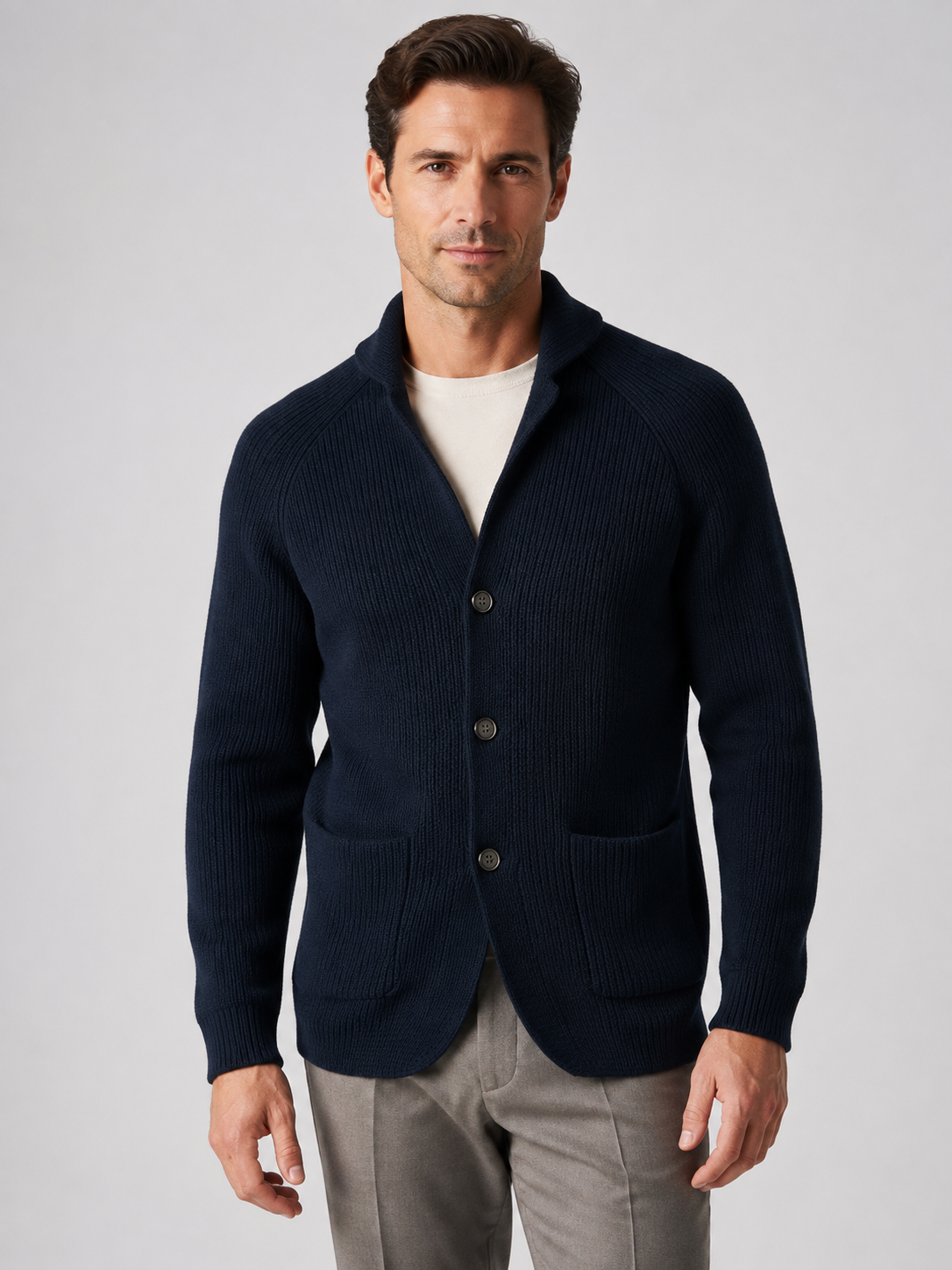 Men's Shawl Collar Ribbed Knit Cardigan