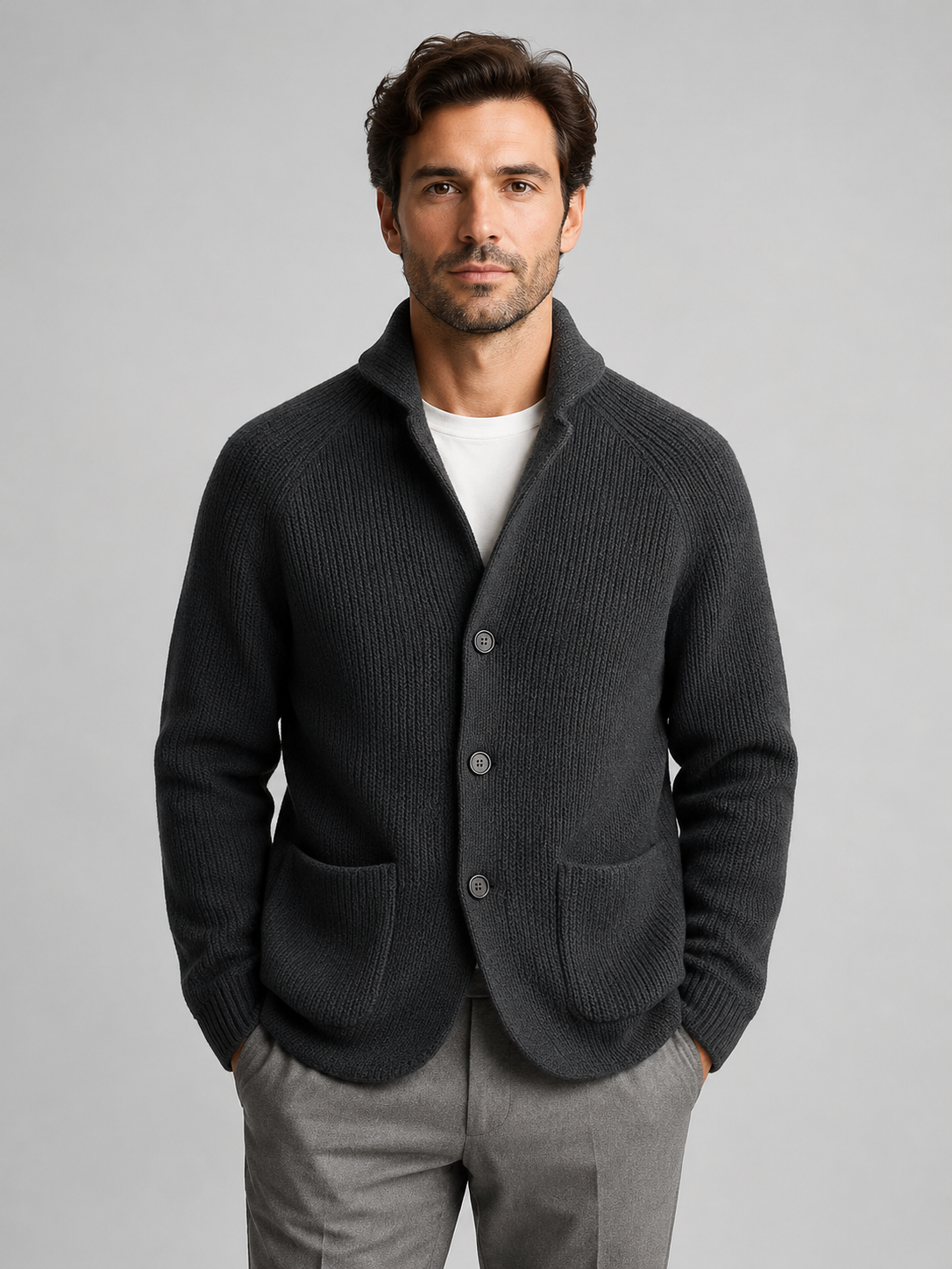 Men's Shawl Collar Ribbed Knit Cardigan