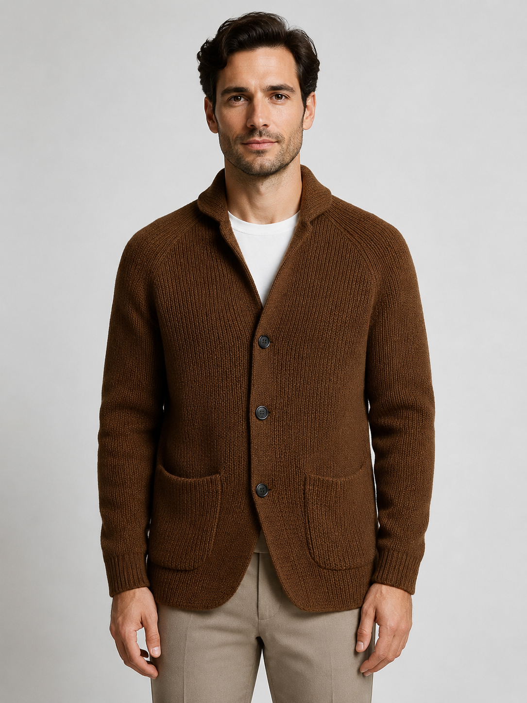 Men's Shawl Collar Ribbed Knit Cardigan