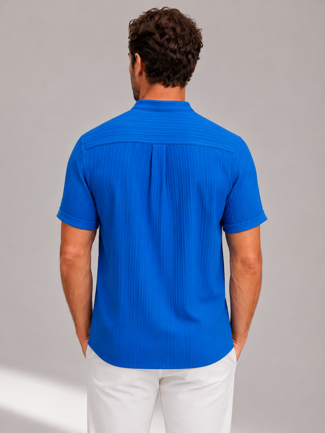 Men’s Short Sleeve Shirt with Stand Collar and Button Front