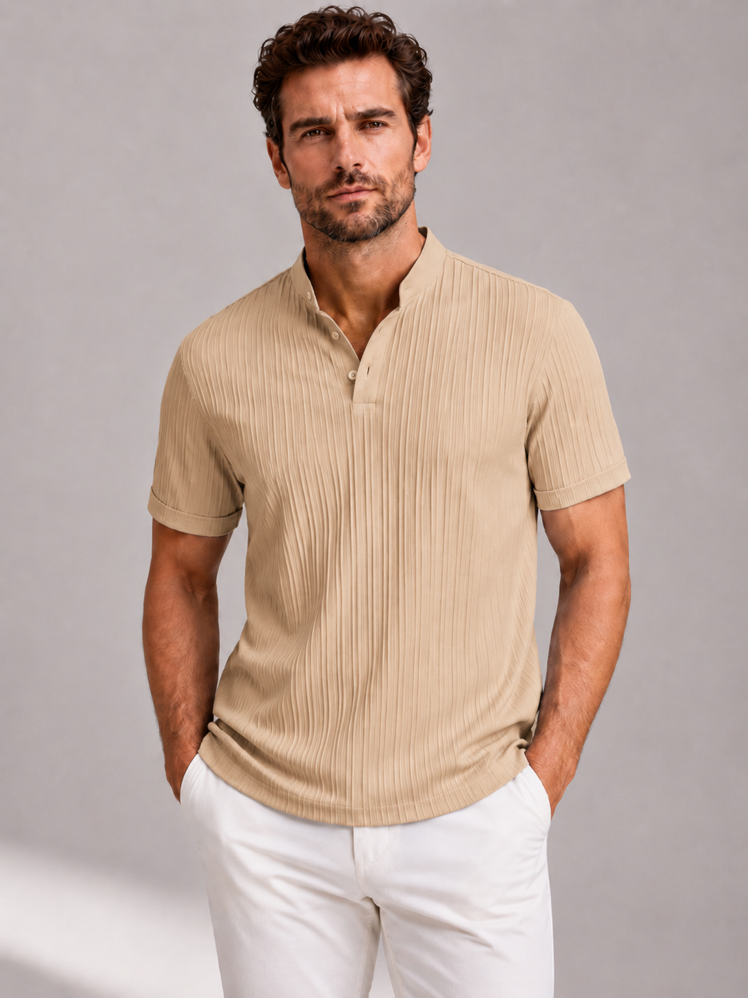 Men’s Short Sleeve Shirt with Stand Collar and Button Front