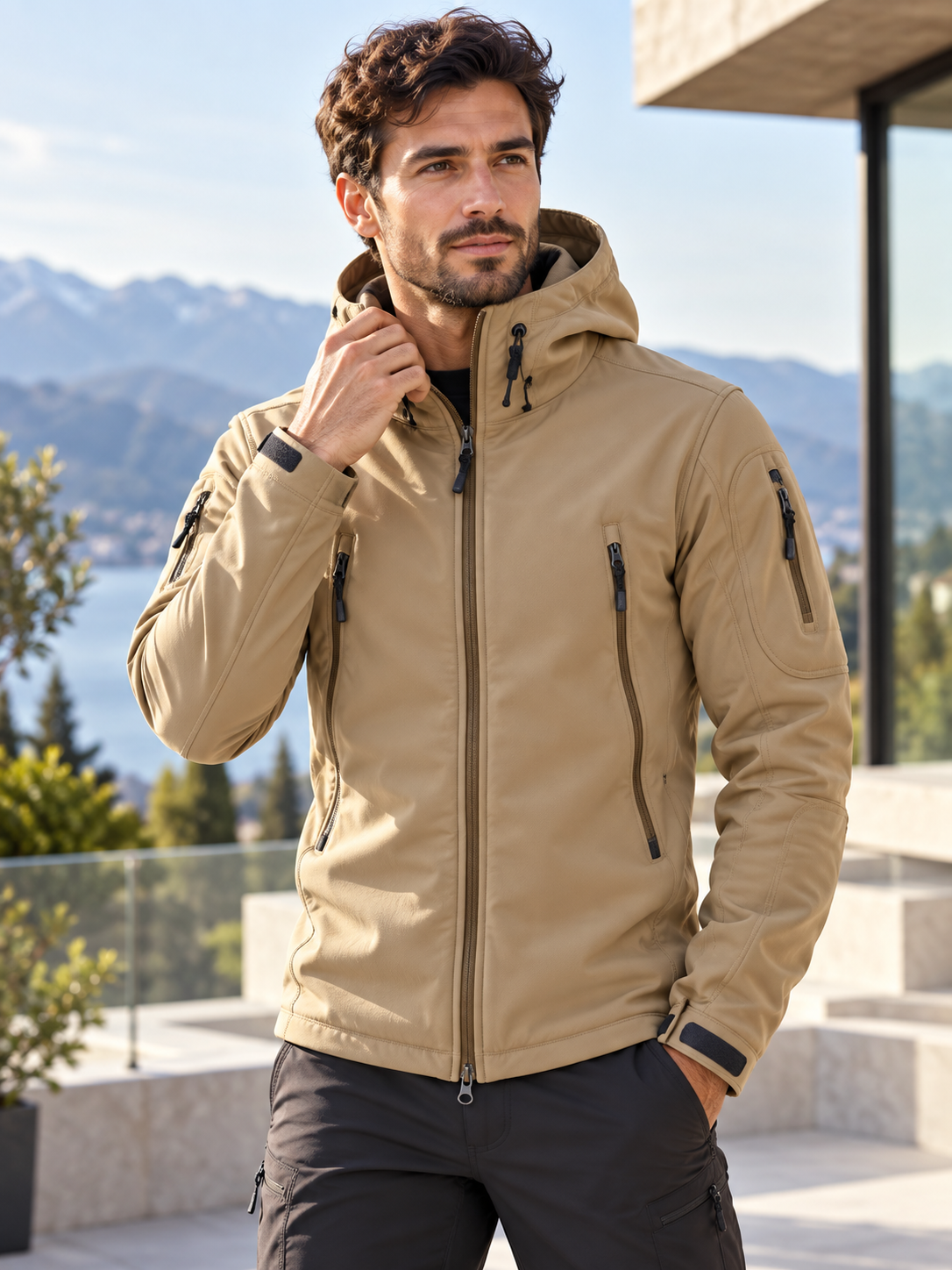 Men's Softshell Zip-Front Jacket with Multiple Pockets