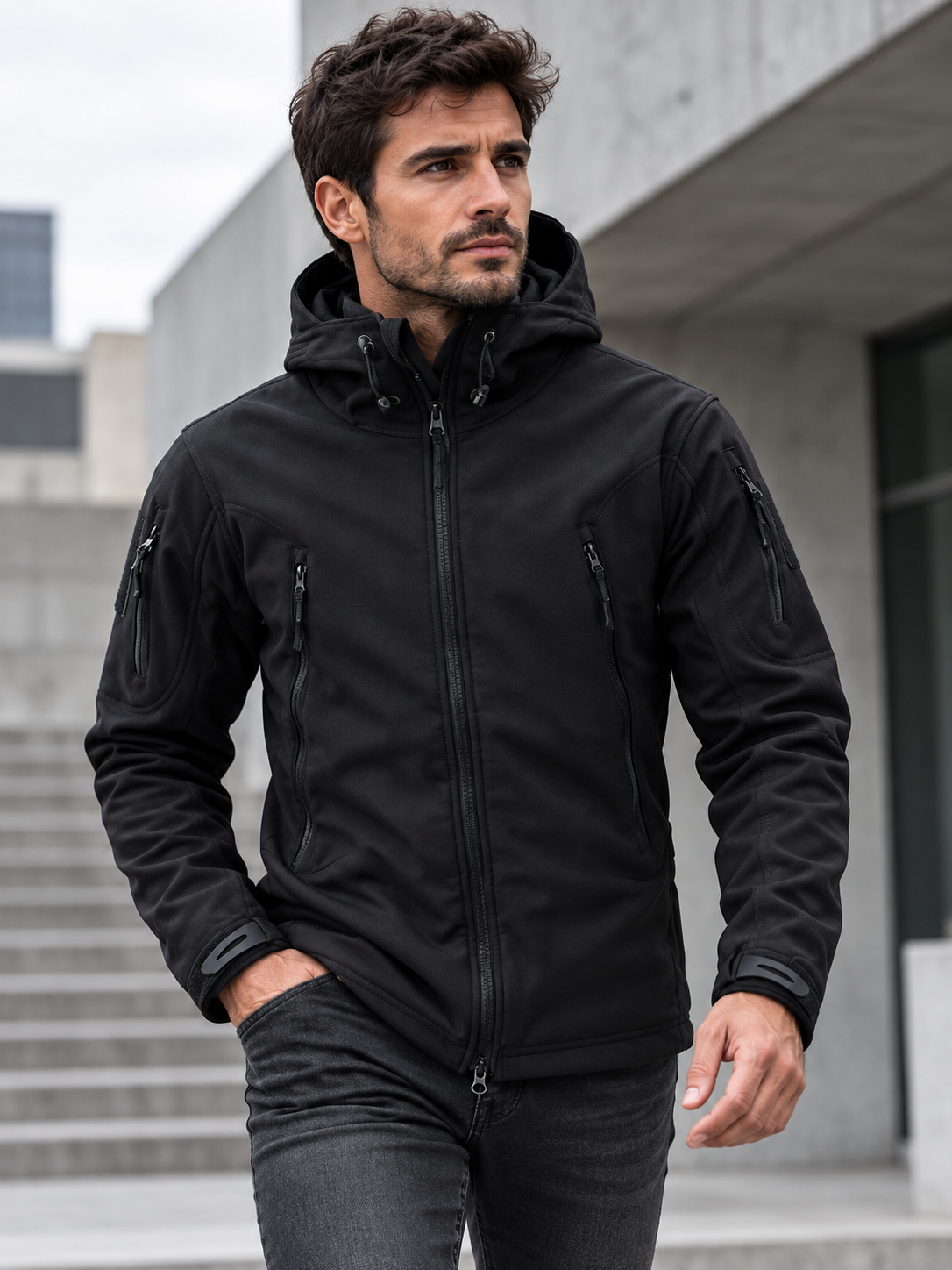 Men's Softshell Zip-Front Jacket with Multiple Pockets