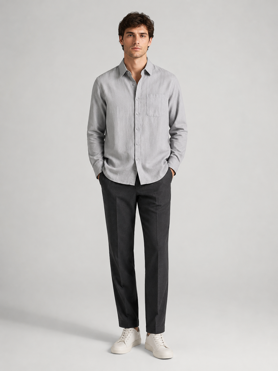 Men’s Solid Gray Button-Up Shirt with Chest Pocket