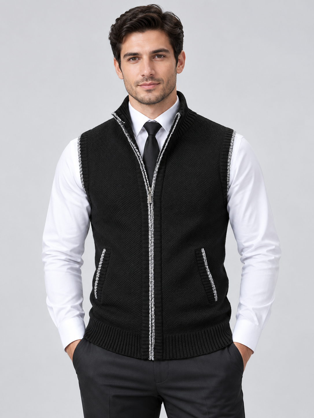 Men's Stand Collar Zip-Up Sleeveless Knit Cardigan Vest