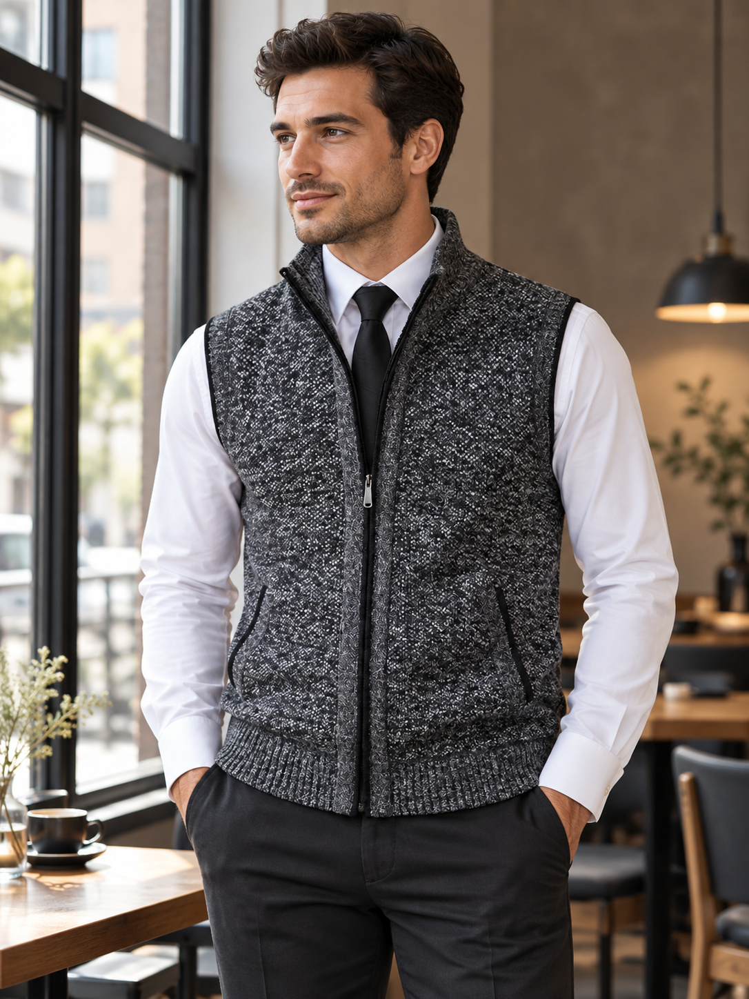 Men's Stand Collar Zip-Up Sleeveless Knit Cardigan Vest